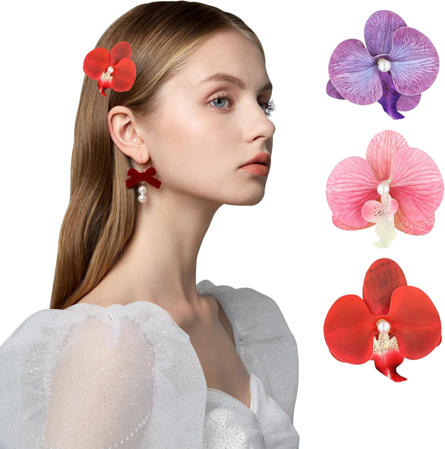 Ziyonix Pack of 3 Hair Clips with Hawaiian Flowers, Artificial Flower Clips, Bohemian Butterfly Orchid, Hair Clip for Holidays by the Sea, Women and Girls image number 1