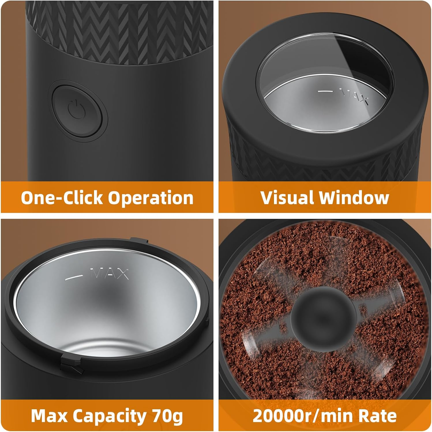 ADVWIN Black Electric Coffee and Spice Grinder - One-Step Herb Mini Grinder, Stainless Steel for Garlic, Spices - Portable Small for Home image number 2