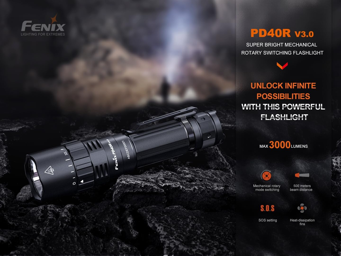 Fenix PD40R V3.0 Rotary Switch 3000 Lumen Rechargeable Torch | High-Performance LED Flashlight | USB-C Charging IP68 Waterproof Dustproof Torch - Compact Design for Camping, Hunting, Searching - Black