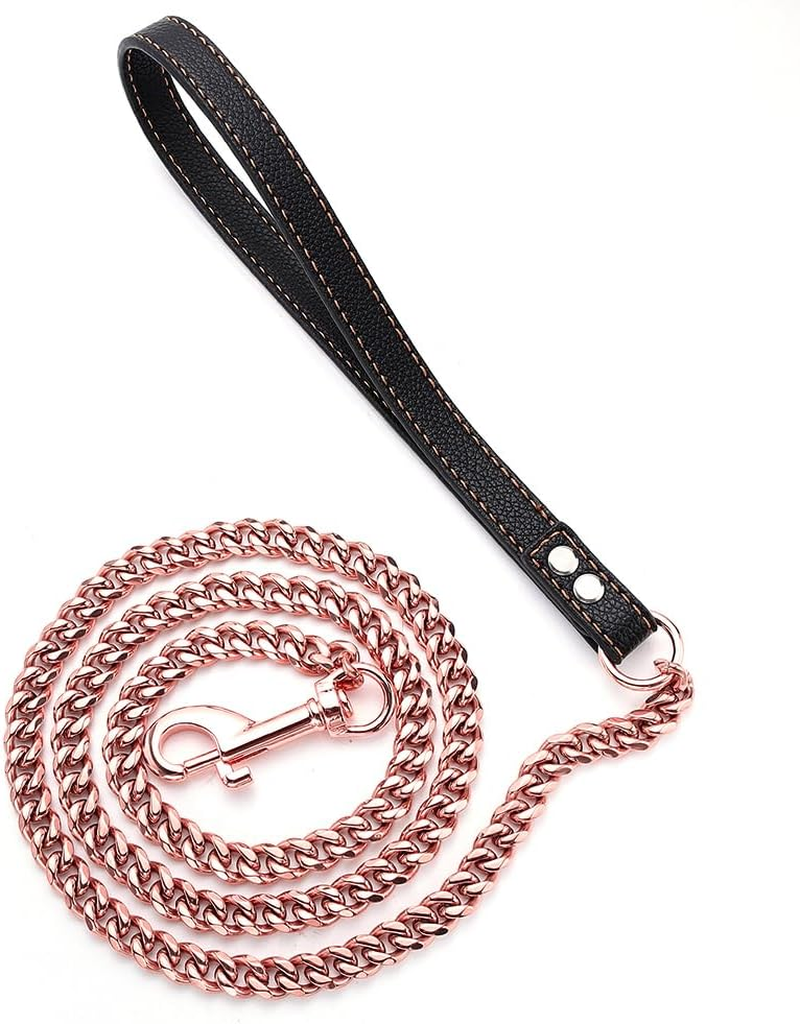 RUMYPET Rose Gold Dog Leash 11Mm/15Mm Metal Cuban Link Dog Chain Leash Chew Proof Comfortale Leather Handle for Walking Trainning 3Ft/4Ft/5Ft(11Mm,4Ft) image number 2