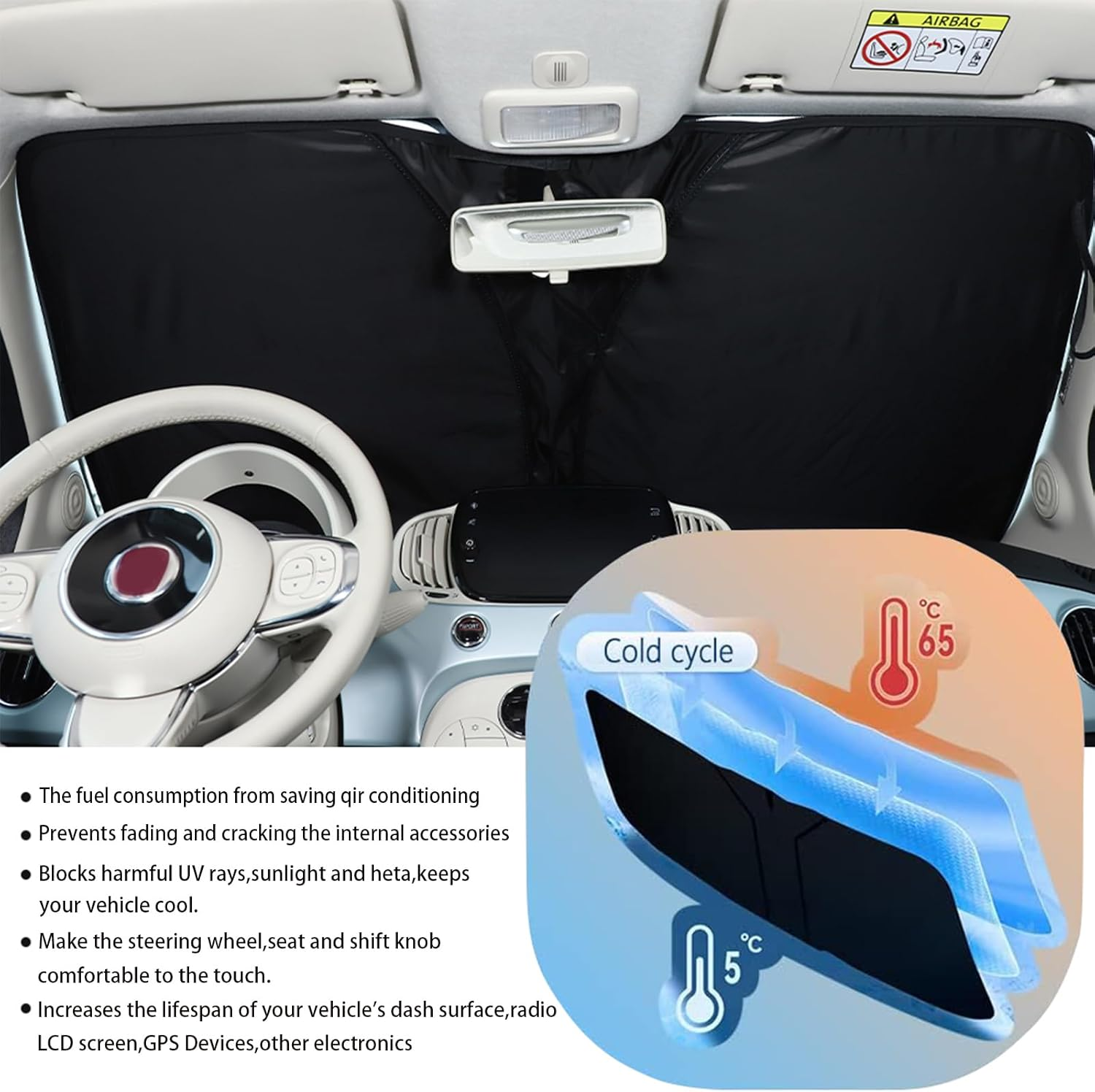 The Original Windshield Sun Shade Compatible with Fiat 500 2010-2024 Abarth 595 2014-2024 Car Windshield Reflective Sunshade Protector Sun Shade Accessories (Silver) image number 3