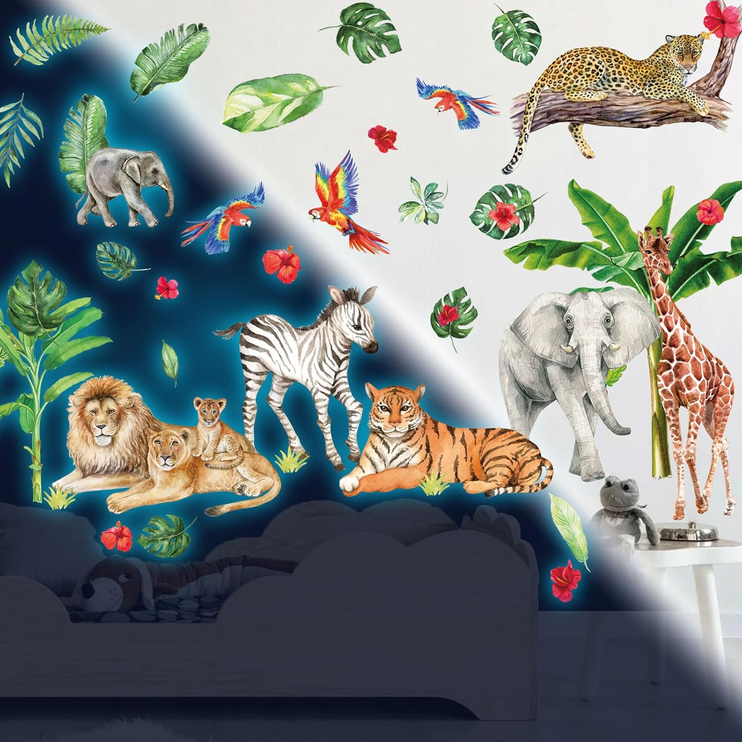 Glow in the Dark Jungle Animals Wall Decals,Glowing Luminous Safari Animals Wall Stickers Removable Self-Adhesive Forest Tiger Elephant Palm Trees Decals for Boys Girls Bedroom Kids Nursery Decoration - Dinosaur image number 3