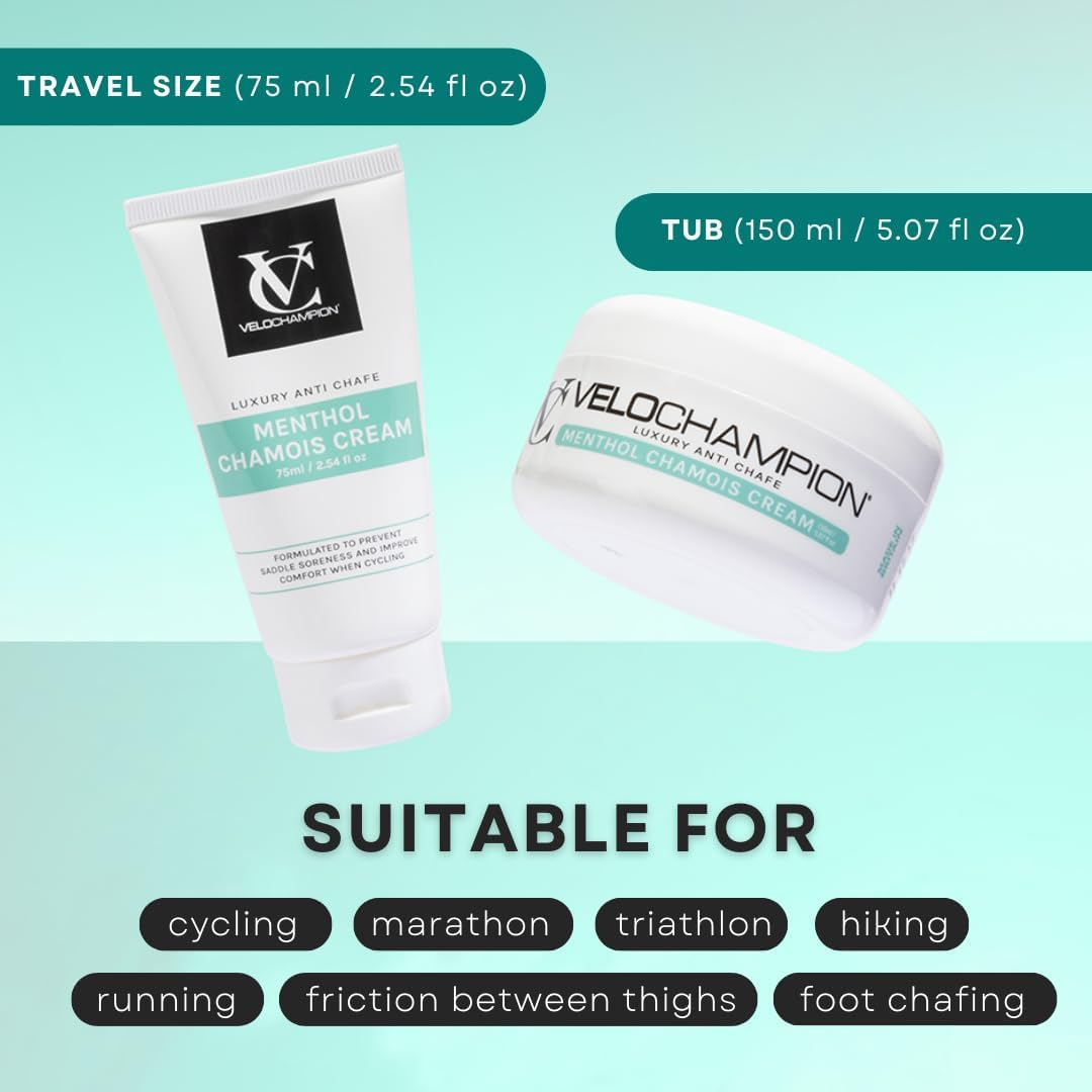 Velochampion Luxury Chamois Cream for Cyclists, Runners and Athletes | Vegan, Cooling, Hydrating anti Chafing Cream| Reduces Friction and Rubbing | Suitable for Men & Women image number 2