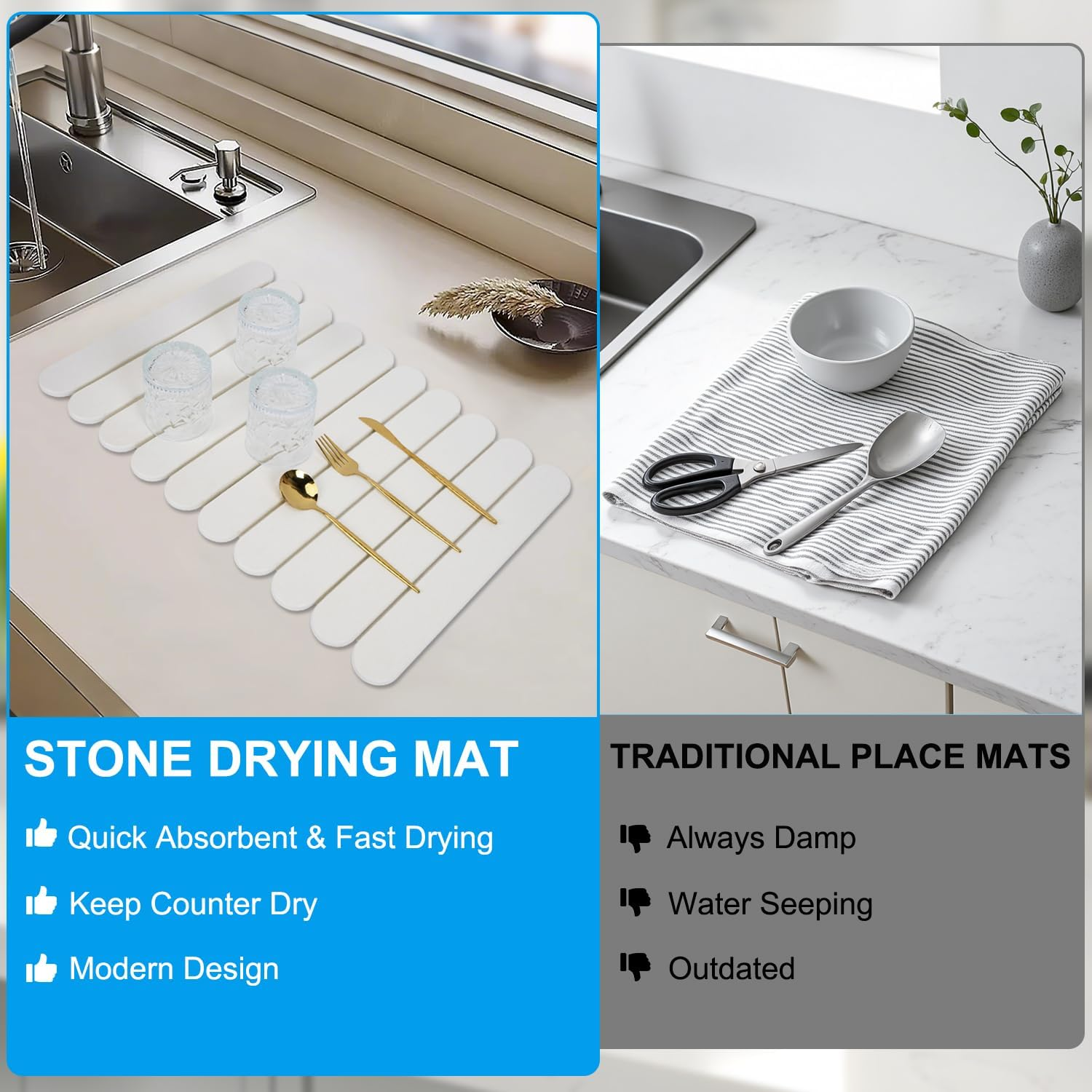 Foldable Stone Dish Drying Mat: Large 24"X16" Absorbent Diatomaceous Earth Mat for Kitchen Counter | Quick Drying & Heat-Resistant for Dishes Bottles Cups with 2 Coasters image number 5