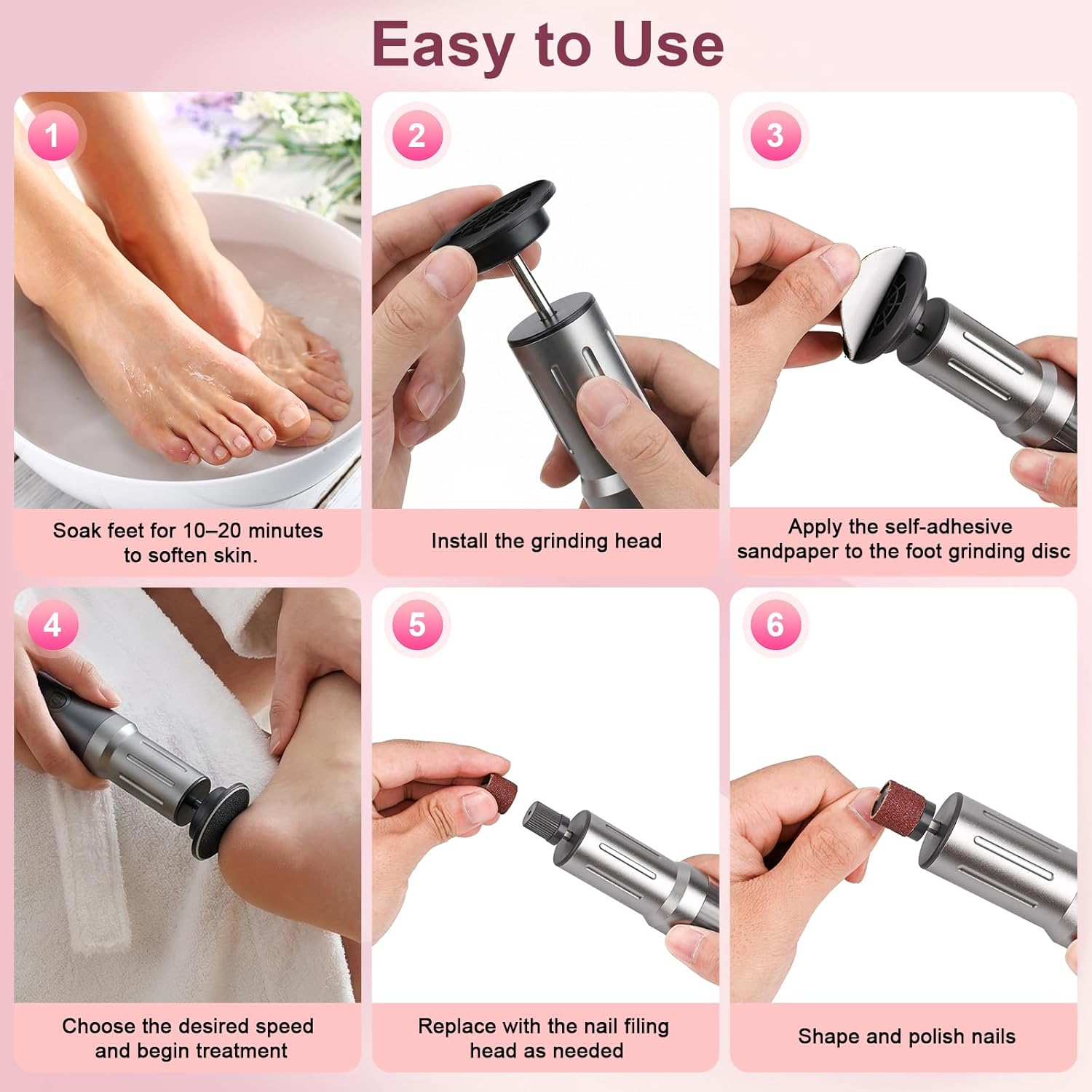 Glovios Electric Callus Remover with LED Display, 2 in 1 Professional Callus Remover Set with Foot Files and Nail Polisher, 6 Speeds, Foot Care Set for Dead Hard Skin image number 3