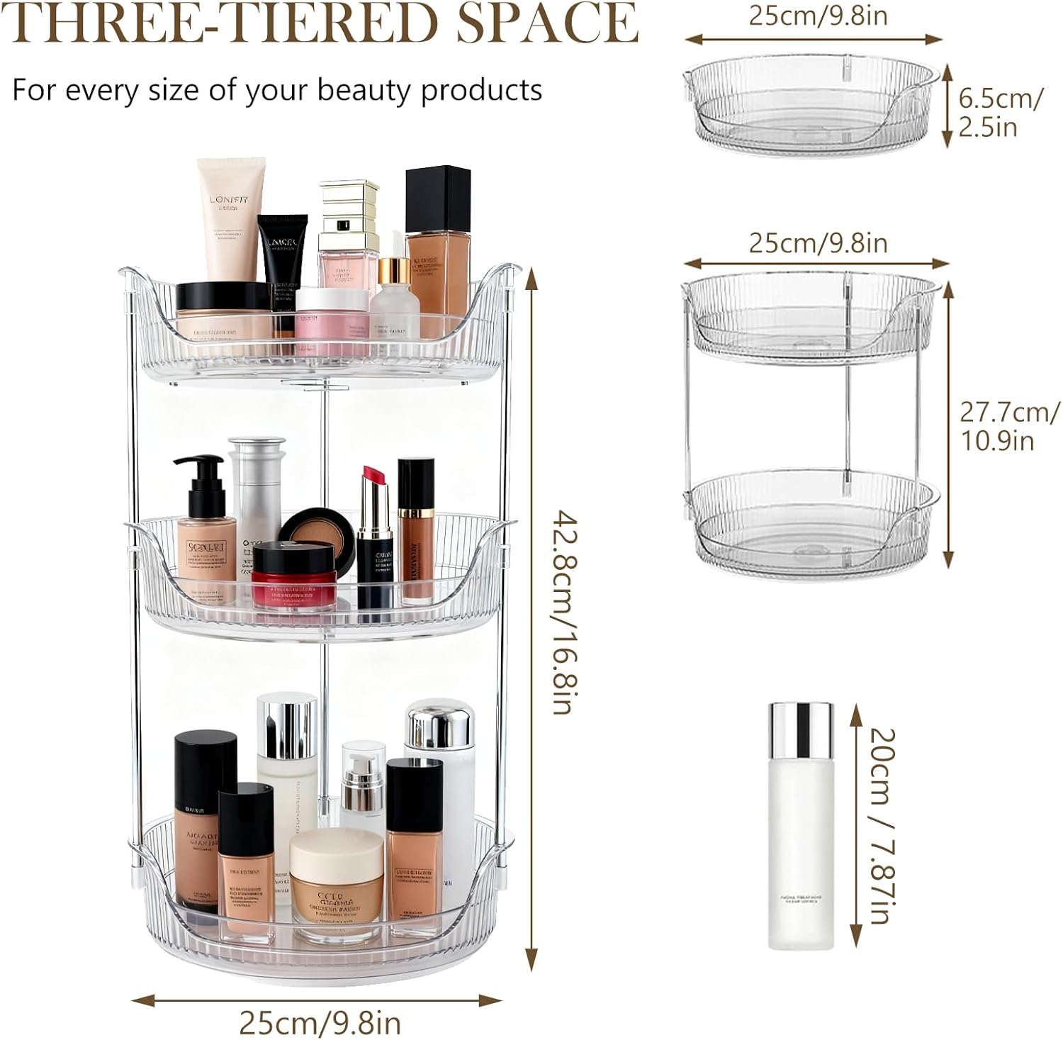 YUDSKU Makeup Organiser, 360 Rotating Spinning Skincare Cosmetic Organiser 3 Tier Large Beauty Spinny Makeup Storage Organiser, Storage Display Case for Bathroom Countertop, Dresser, Vanity