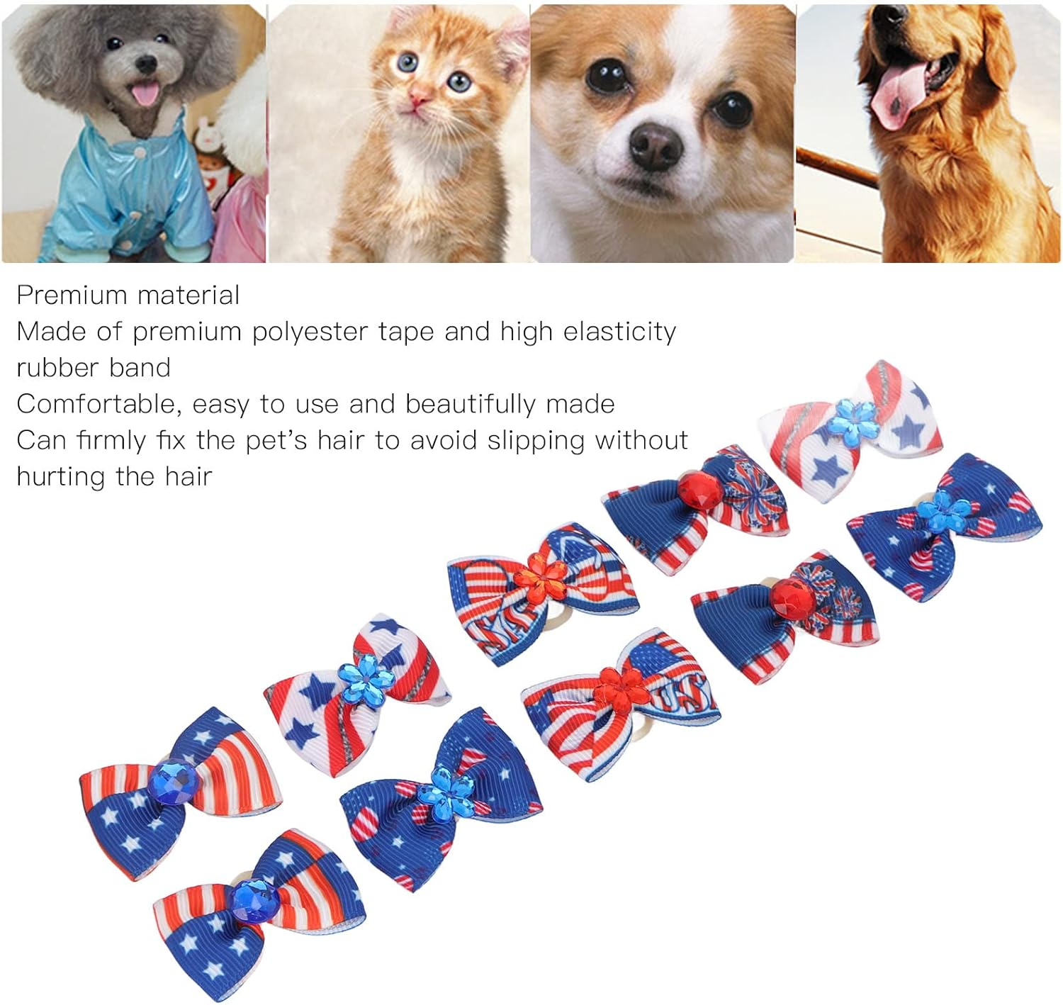 JOROBURO 20 Pcs Patriotic Dogs Hair Bows, Multicolor 4Th of July Pet Hair Bow with Durable Rubber Bands, Hand Made Hair Bowknot for Dog Hair Grooming Accessories image number 3