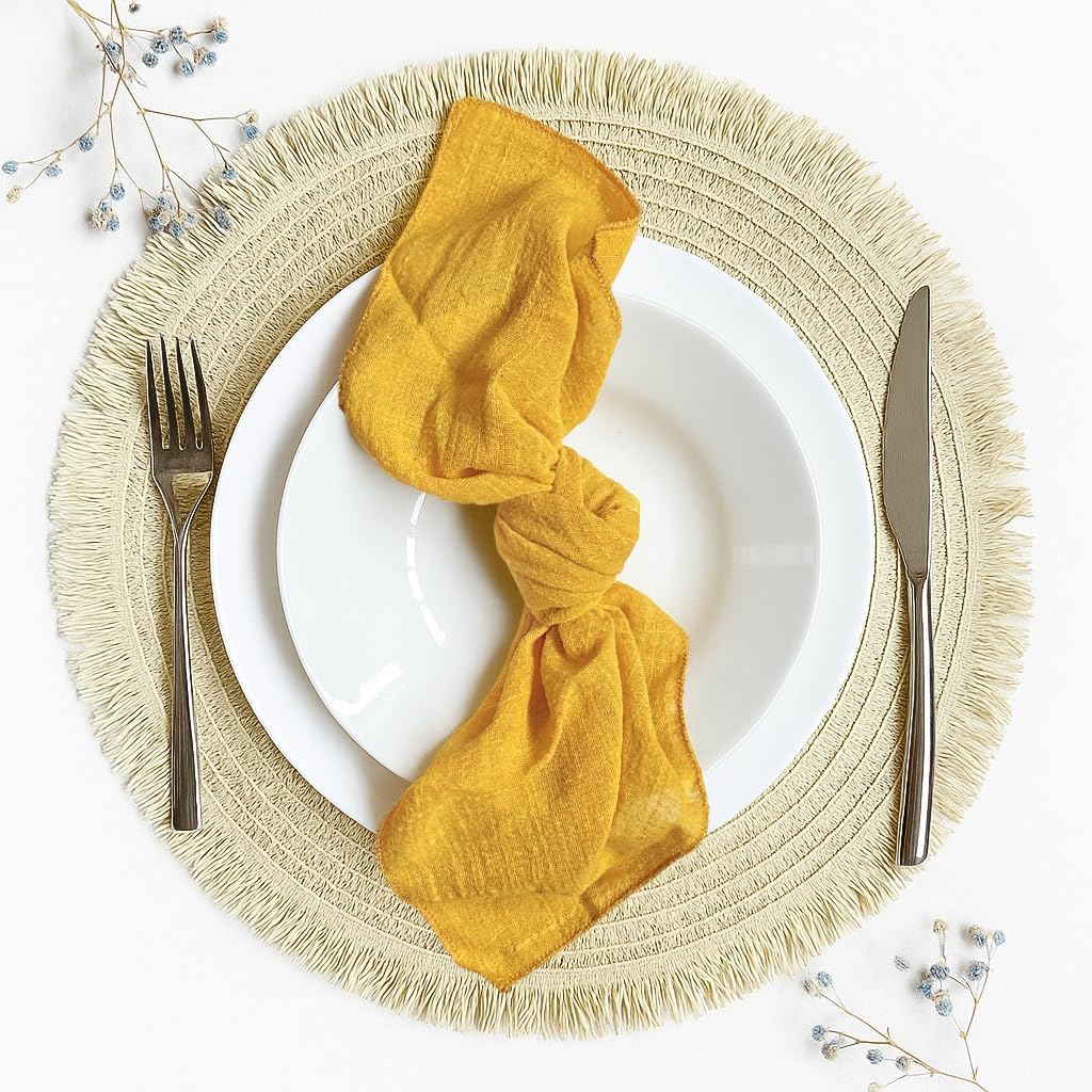 Generic Mustard Yellow 100% Linen Cloth Cotton Square Napkins, Set of 6, 40Cm X 40Cm | Wedding Shower Bridal Event Styling Table Decor | image number 6