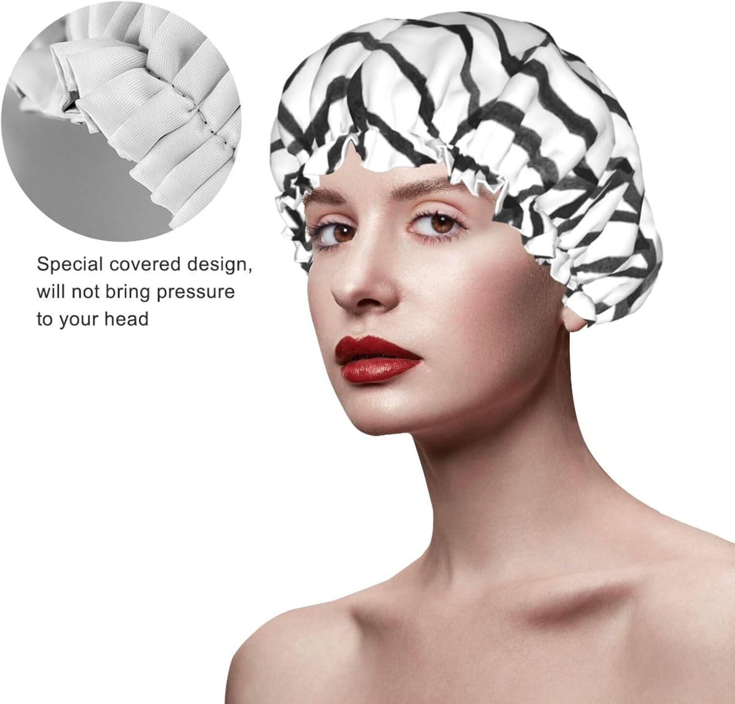 Wurton Black and White Stripes Print Reusable Enviro-Care Shower Cap Soft for Women Double Waterproof Layers Showe Cap image number 4