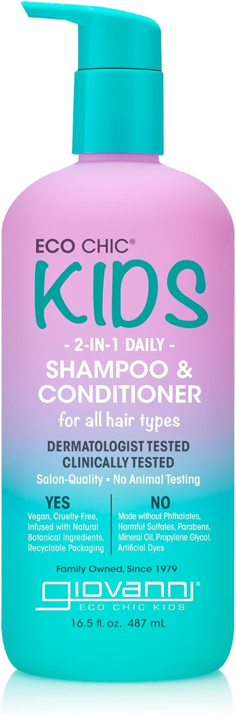 Eco Chic Kids 2 in 1 Shampoo & Conditioner - Kids Shampoo and Conditioner, Kids 2 in 1 Shampoo and Conditioner, for All Hair Types, Salon Quality, Gentle Formula, Vegan - 487Ml
