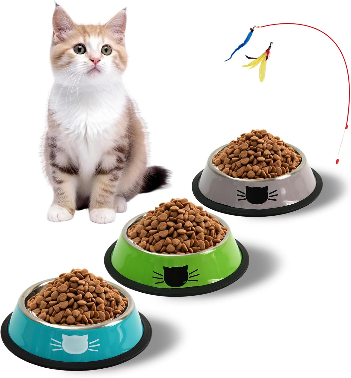 3Pcs Cat Bowls Stainless Steel, Small Pet Bowl, Shallow Wide Flat Cat Food Bowls,Anti Slip Cat Food Bowl Suitable for Indoor Small Cats and Small Dog Animals (Blue Green Gray)