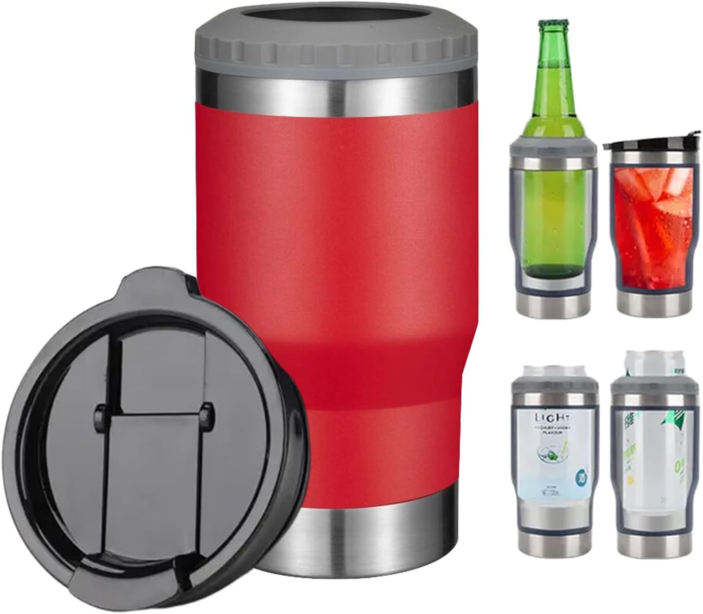 4 in 1 Travel Mug and Can Insulator for 12 Oz Can and Beer Bottle. Stainless Steel Vacuum Insulated Cup and Thermocooler. (Red) image number 2