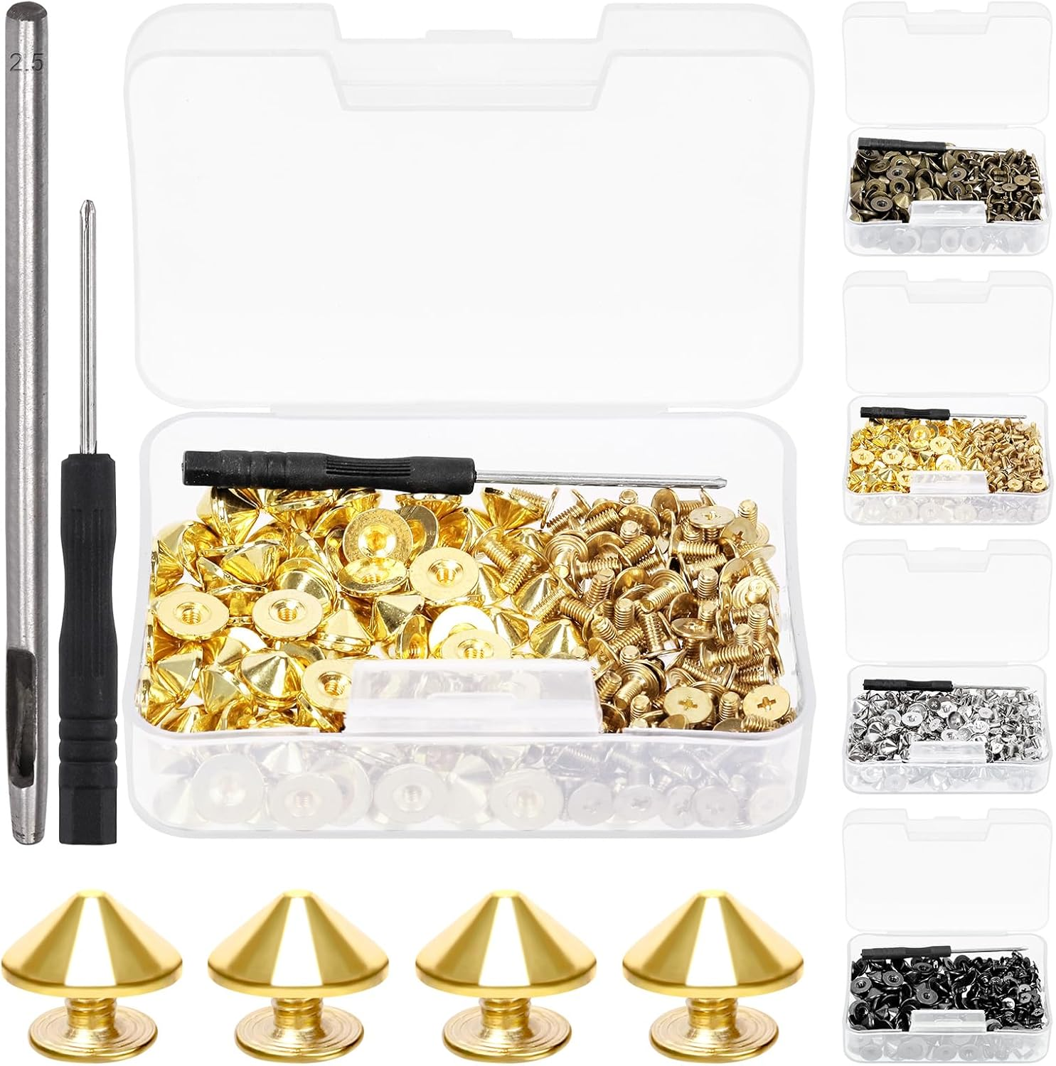 Swpeet 102Pcs Bronze Color Cone Spikes and Studs Kit with Hole Punch and Screwdriver, Back Leather Craft Rapid Rivet Screws, Spikes Bullet Cone Spikes Screw for Clothing Shoes Leather Craft