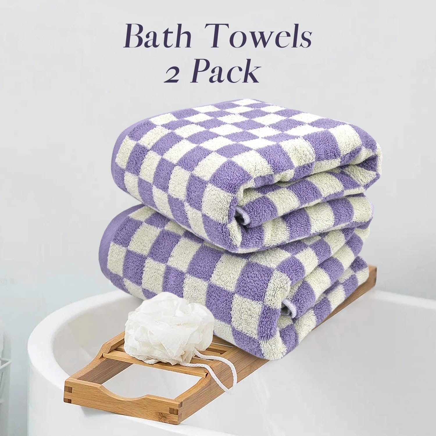 Jacquotha Shower Towels for Bathroom 27.5X55 Inches - Quick Dry Bath Towels Extra Large (2Pack), Cute Towels Checkered Bathroom Towels Set Lilac, 520GSM Absorbent Cotton Towels image number 4
