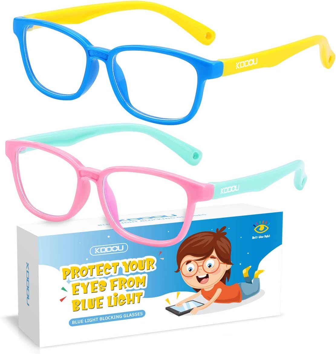2 Pack Kids Blue Light Blocking Glasses for Girls & Boys 3-12, Toddler Fake Play Computer Screen Bluelight Blocker, Pink Green+ Blue Yellow, Medium image number 2