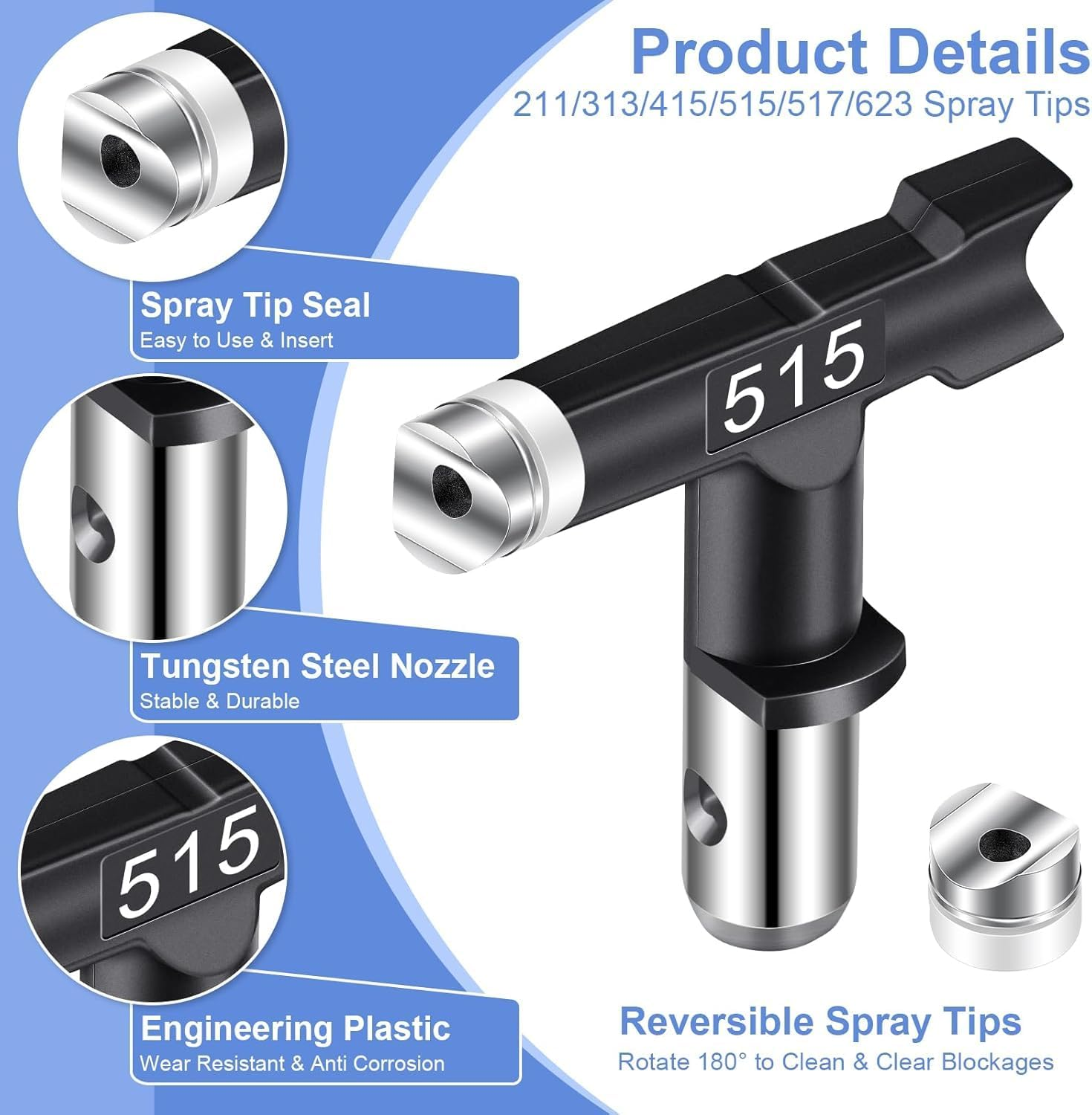 Spray Tips, 6Pcs Airless Paint Sprayer Tips Reversible Spray Tips for Airless Paint Sprayer Machine Spray Paint Nozzles for Airless Paint Spray Guns House Painting DIY (211 313 415 515 517 623) image number 3