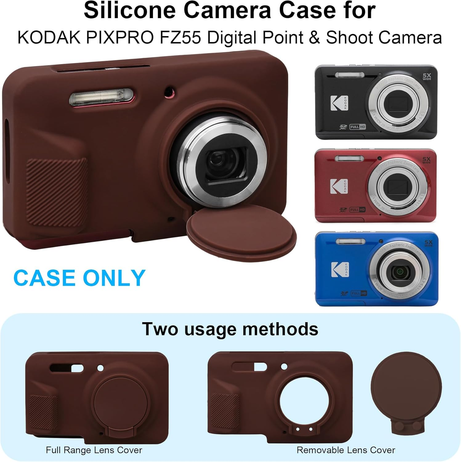 RAIALL Case for Kodak PIXPRO FZ55 Digital Camera, Soft Silicone Protective Case for Kodak PIXPRO FZ55 Vlogging Camera, Lightweight FZ55 Camera Case Cover Grip Body Skin, Brown - Black image number 6