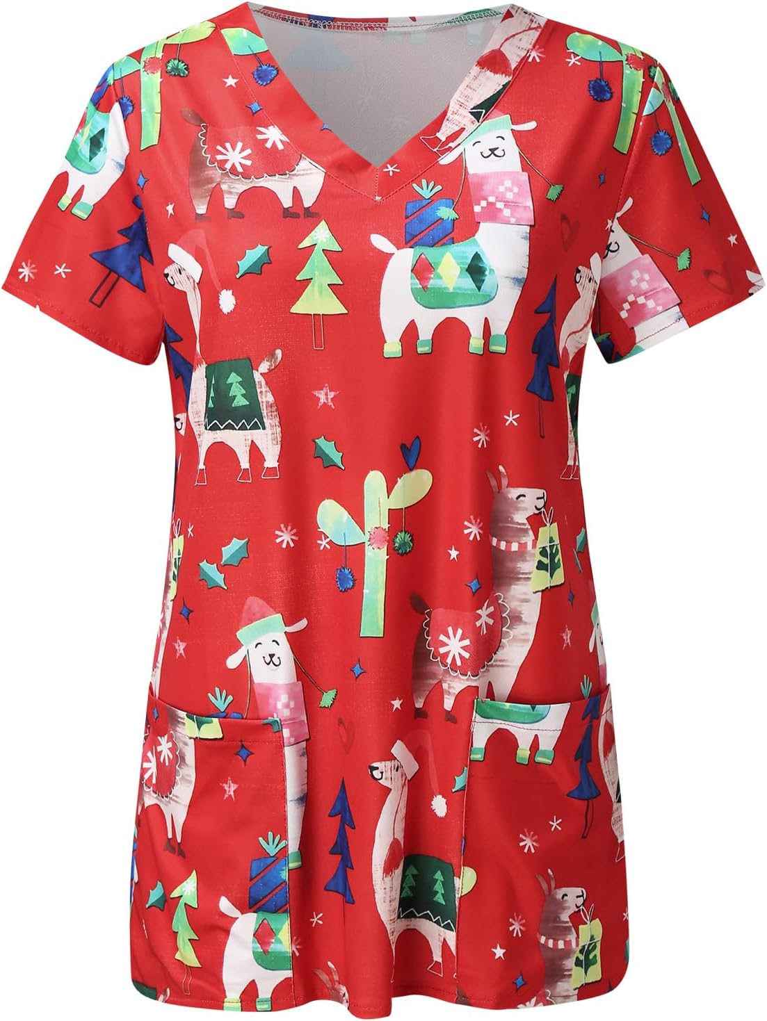 Women'S Christmas V-Neck Short Sleeve Nursing Uniform Xmas Santa Gifts Printed Workwear Holiday Graphic Tees Blouse Scrubs Tops with Pockets image number 1
