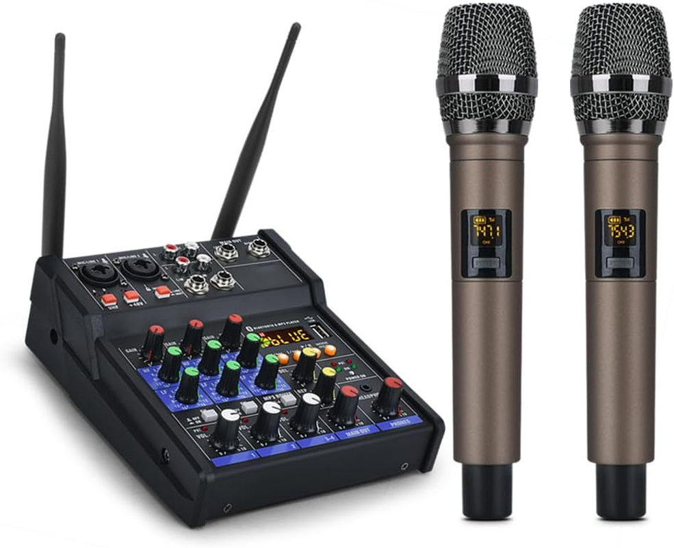 Professional Mixer, 4 Channel Stereo Mixer with 2 Wireless Microphones, Portable DJ Mixer Sound Board Console System for Live Streaming image number 1