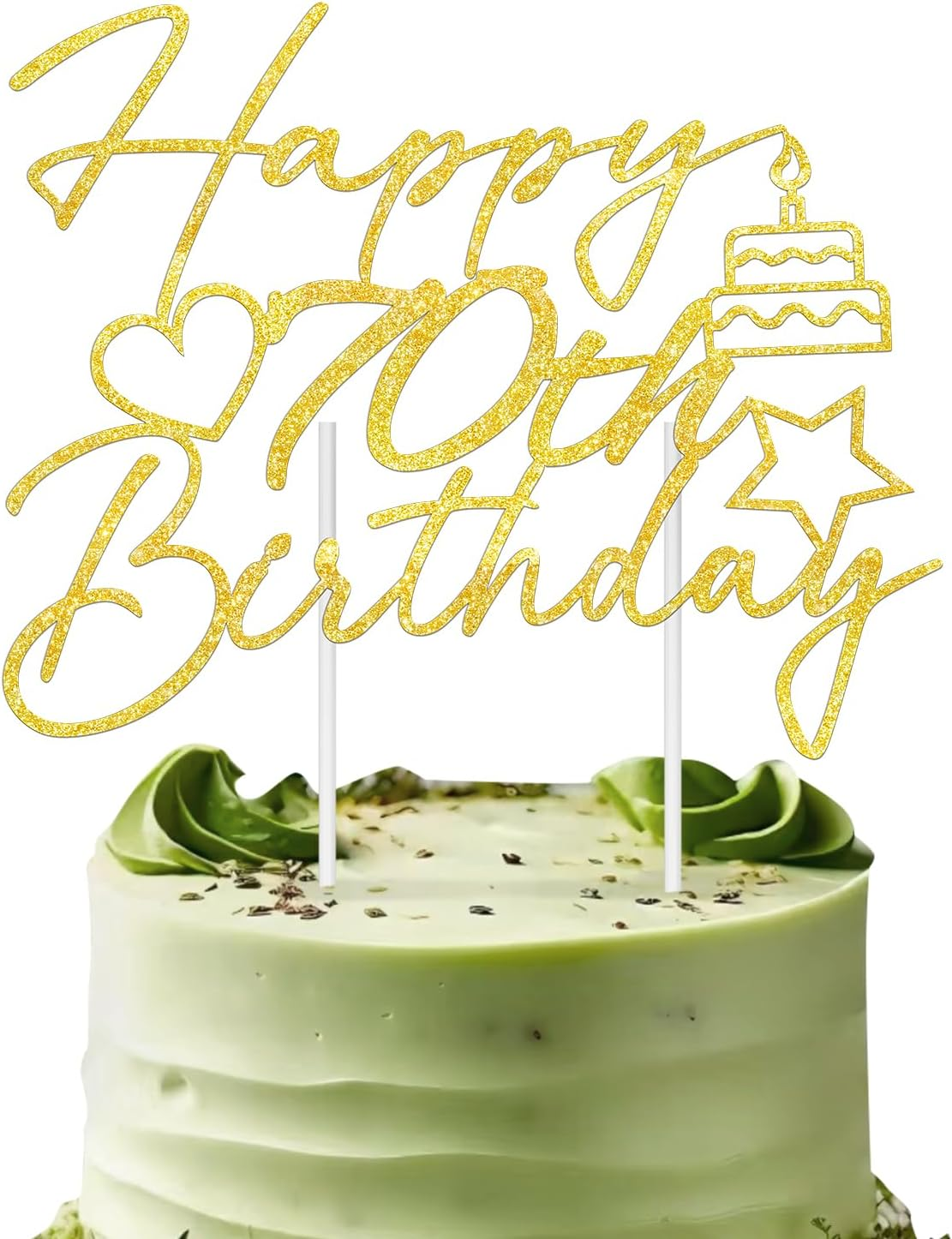 Buziba Happy 70Th Birthday Cake Toppers Gold Glitter Heart Star Cake Decorations for Birthday Themed Party Supplies (70Th) image number 2