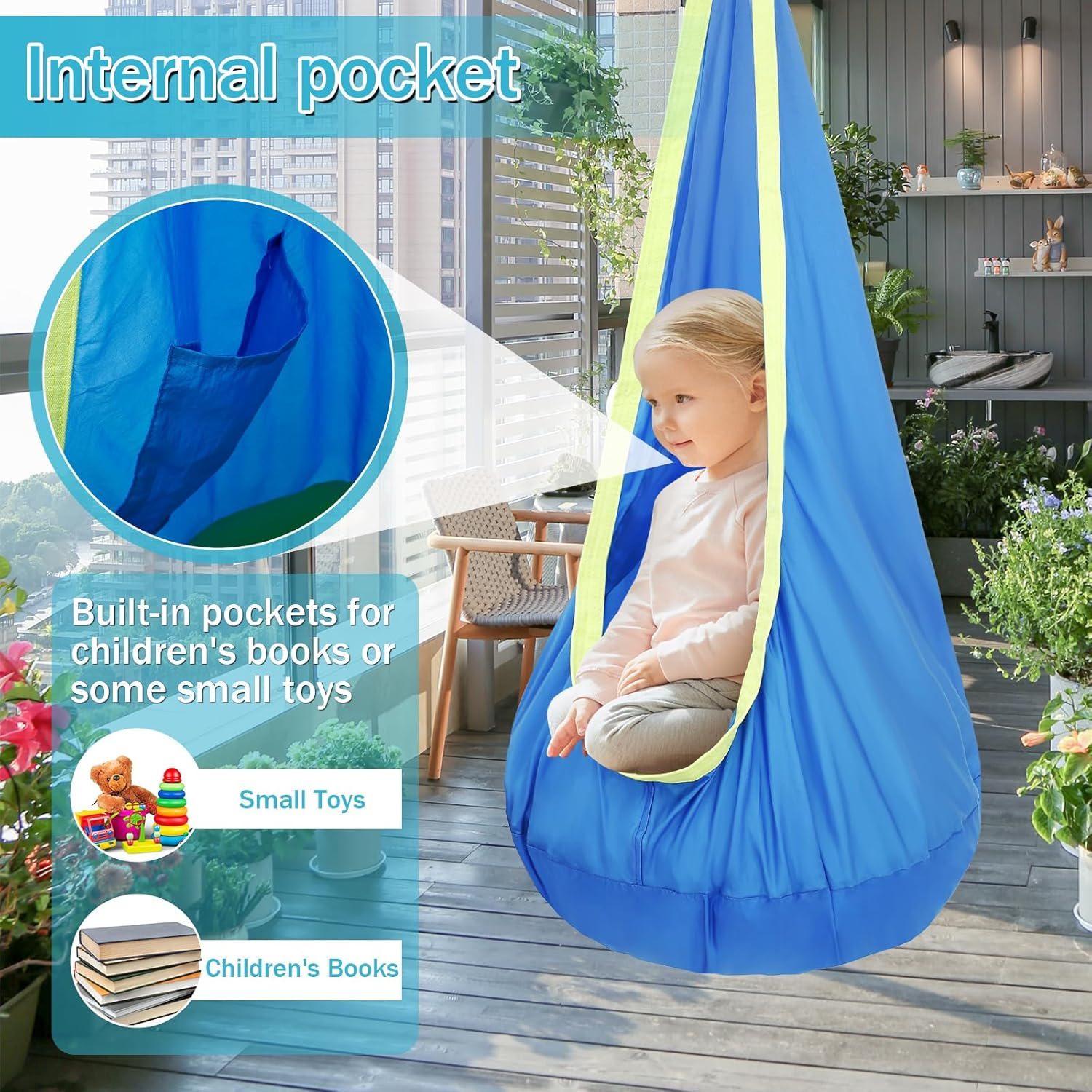 Kids Pod Swing Seat, Portable Hammock Sensory Chair Swing, with Inflatable Pillow Hanging Hammock Chair, with Pocket Max 80 Kg, for Indoor Outdoor Use Kids, for Backyard Playground Indoor Outdoor image number 3