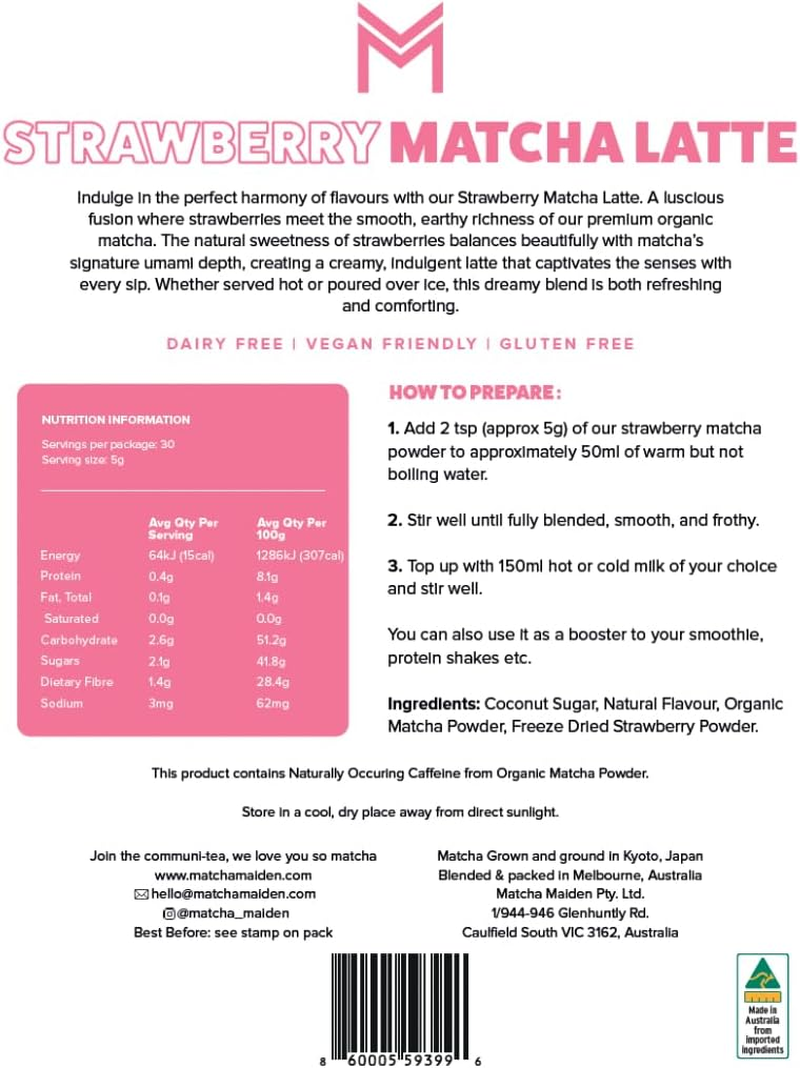Matcha Maiden | Strawberry Matcha Latte Powder 150G | Premium Organic Japanese Matcha Tea Blend | Rich Umami, Natural Sweetness of Strawberries | Enjoy Hot or Iced | Premium Organic Matcha Green Tea for Refreshing Lattes image number 2