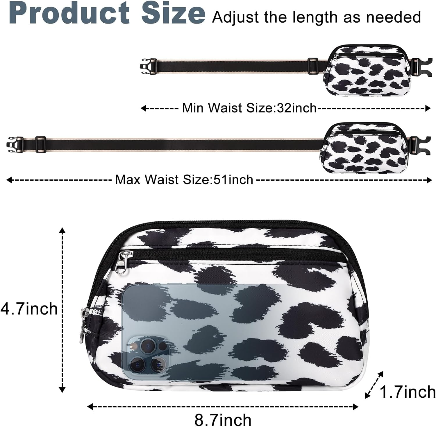 Dmluna Small Crossbody Bags for Women Trendy, Lightweight Fanny Pack for Women & Men, Mini Belt Bag, Waist Bag with Adjustable Strap for Running Workout Traveling, Z - Black/White Leopard, Small, - Beige image number 6