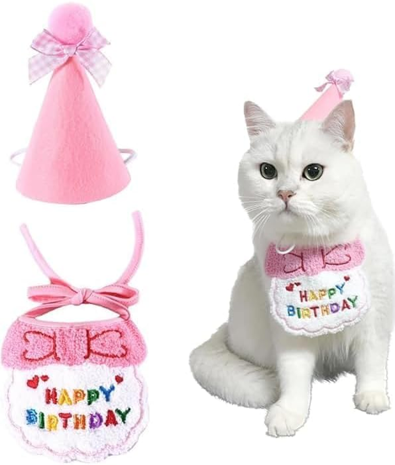 Dog Birthday Hat Cat Pet Supplies Scarf Set for Small Dogs and Cats, Cat Birthday Bandana Cute Dog Hat Pets Party Supplies Decorations Outfit for Cat and Dog (Pink A)
