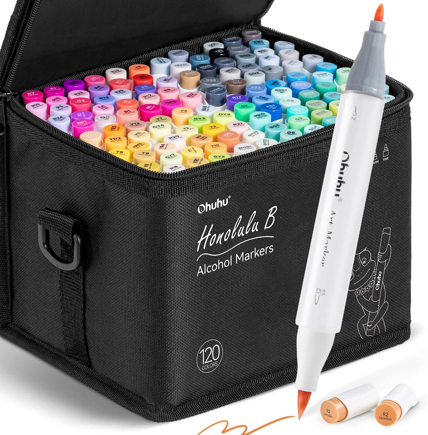 Ohuhu Alcohol Markers Brush Tip -Double Tipped Art Marker Set for Kids Artist Adults Coloring Sketching Illustration - 120-Color W/ 1 Blender -Brush & Fine - Honolulu B Series of Ohuhu Brush Markers image number 4