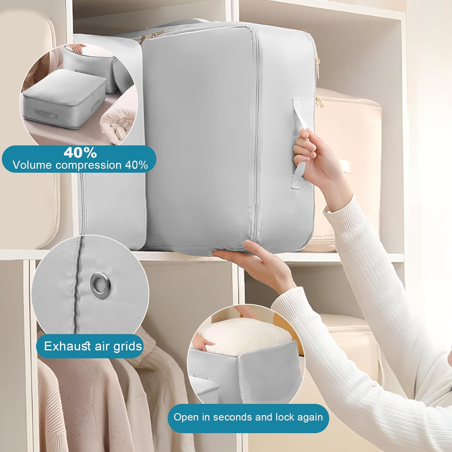Eukyplace Clothes Storage of Ultra Space Saving Self, 2025 New Compression Packing Cubes, High-Grade Satin Clothes Storage for Bedding Quilts, Blankets, Duvets, Clothes, and Puffer Jackets (Grey)