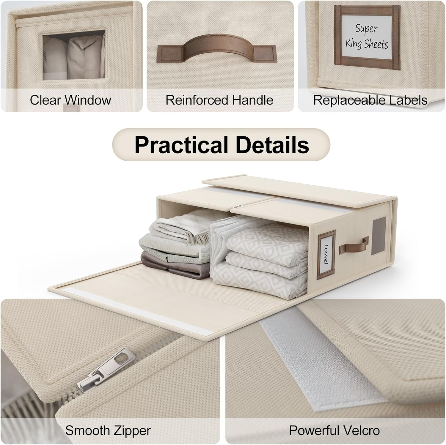 Bigponpon 6 Pack Bed Sheets Organizers and Storage (Cal King Size), Foldable Organizer with Handle for Linen Closet, Bedding Storage for Sheets, Duvet Cover (Beige)