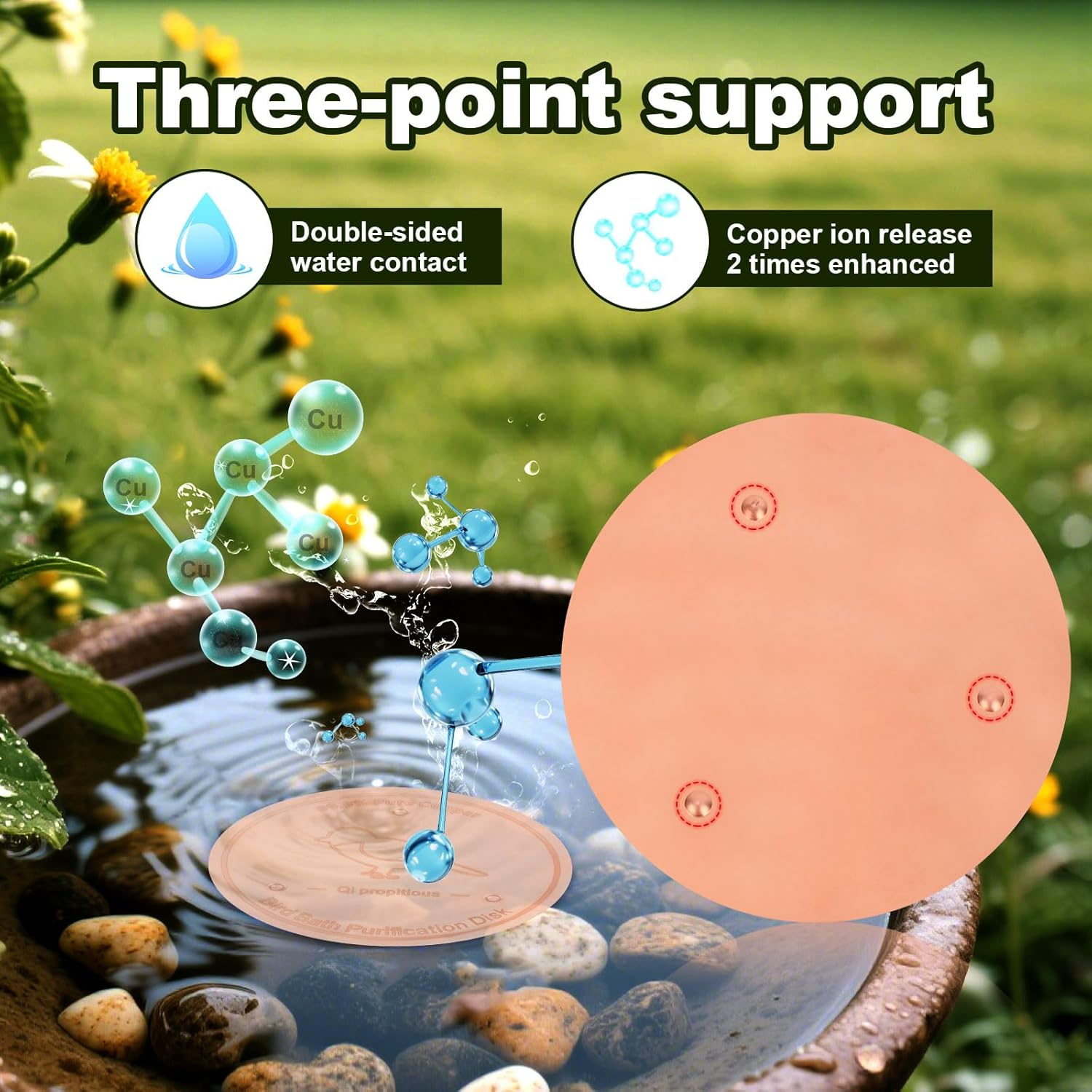 BOXOB Bird Bath Copper Disk, 4In Bird Bath Purification Disc with Triple-Point Support All-Season Safe Water Purifier for Outdoor Birdbaths & Bowls image number 3