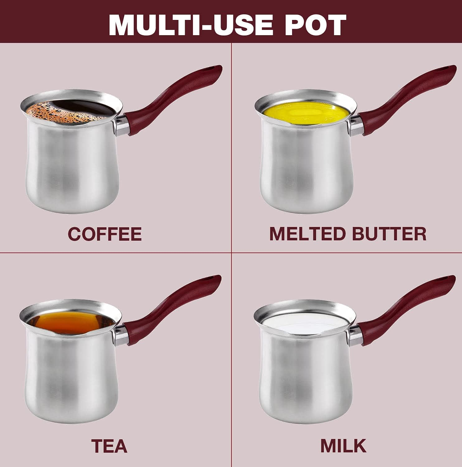 DESTALYA Turkish Coffee Pot Stainless Steel | Ibrik Cezve Briki Arabic Greek Pot, Butter Chocolate Milk Warmer, Sauce Maker | Small Hot Pot with Spout for Stove Top (Coffee Pot Red) image number 1