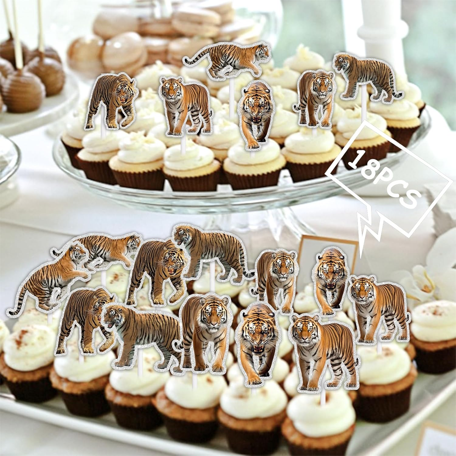 18Pcs Gold Glitter Tiger Dessert Cupcake Topper Pick for King of Animals Theme Decor Supplies Baby Shower Boy Girl Happy Birthday Party Decoration image number 2