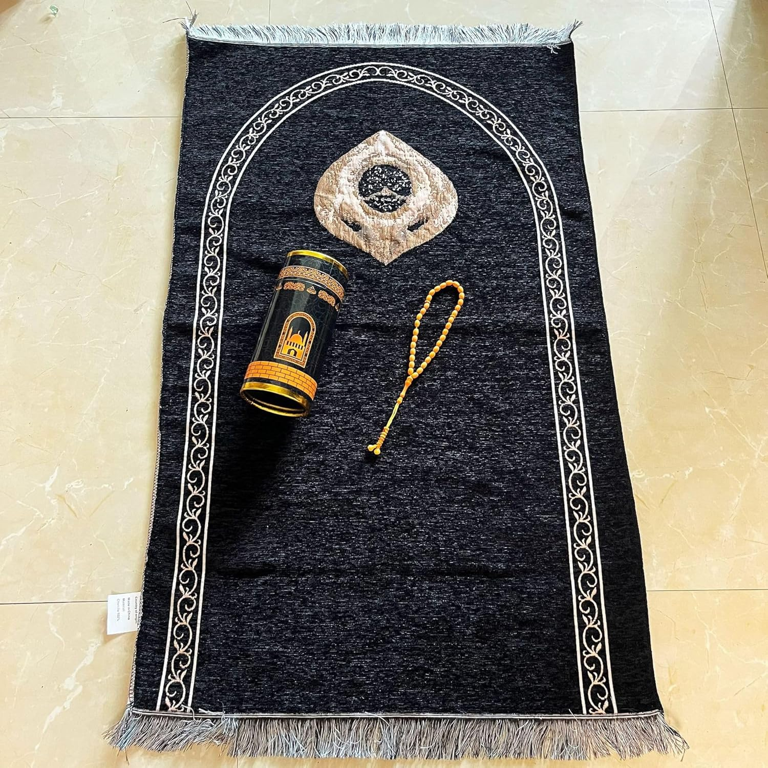 Muslim Prayer Rug & Beads Set with Stylish Cylinder Gift Box Ultra-Soft Taffeta Prayer Mat Perfect Islamic Spiritual for Ramadan Islamic Arabesque Pattern 120 * 70Cm image number 1