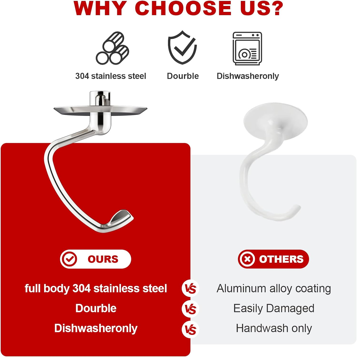 Gvode Dough Hook for Kitchenaid Stand Mixer, Stainless Steel K45DH Dough Hook for Tilt-Head Stand Mixer 4.5-5 Quart, Dishwasher Safe Mixer Parts Accessories image number 2