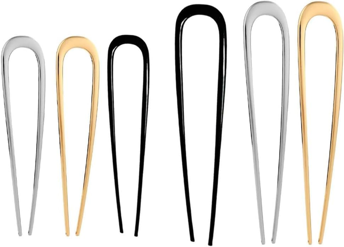 U-Shaped Chignon 2 Prong Bun Hair Sticks, 6Pcs Metal Vintage Hair Sticks French Hair Pin Chignon, Metal French U Shaped Chignon 2-Prong Sticks for Women image number 3