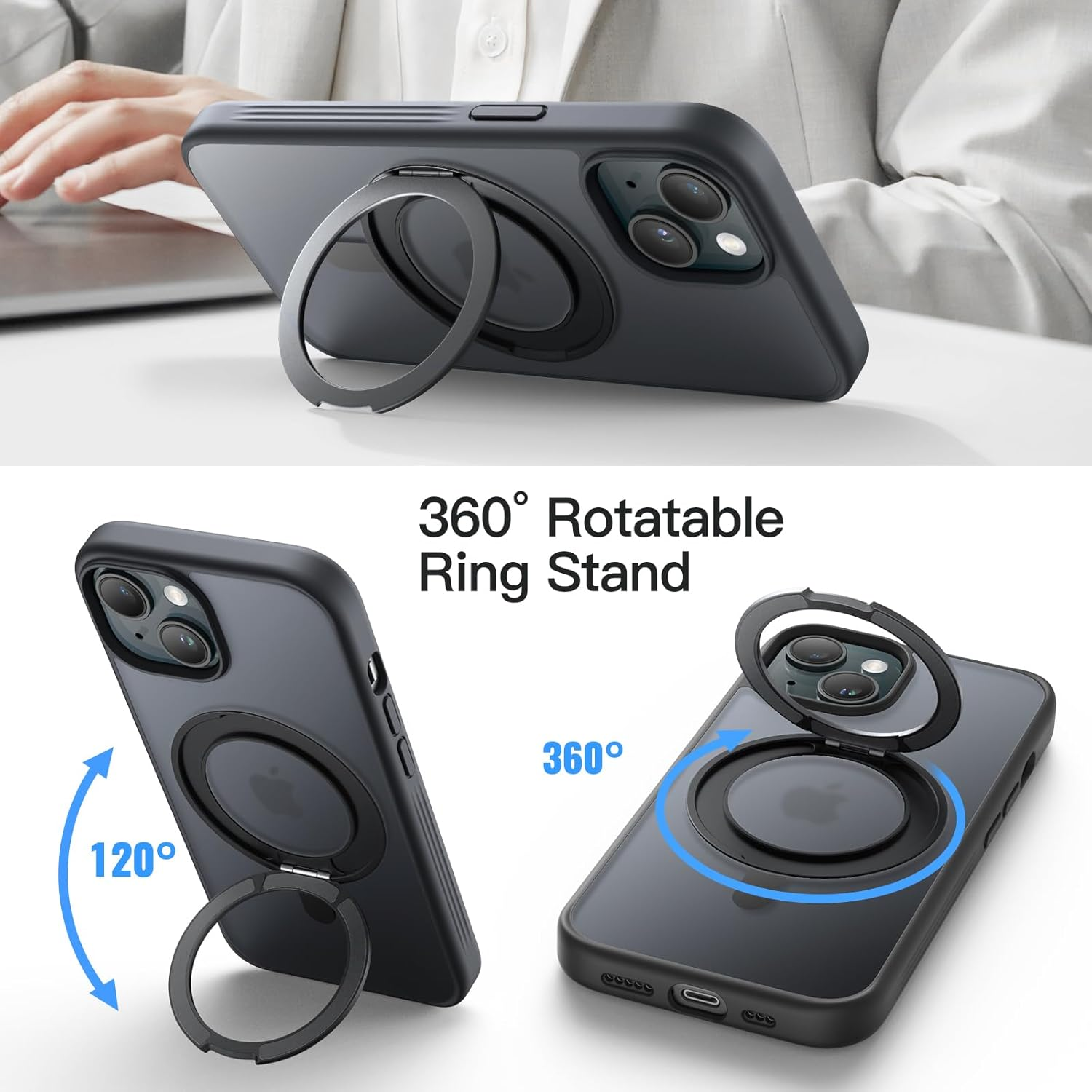 Jetech 360 Degree Rotatable Ring Case for Iphone 15 6.1-Inch Compatible with Magsafe, Slim Shockproof Phone Cover with Stand & Ring Holder (Black) - Black image number 5