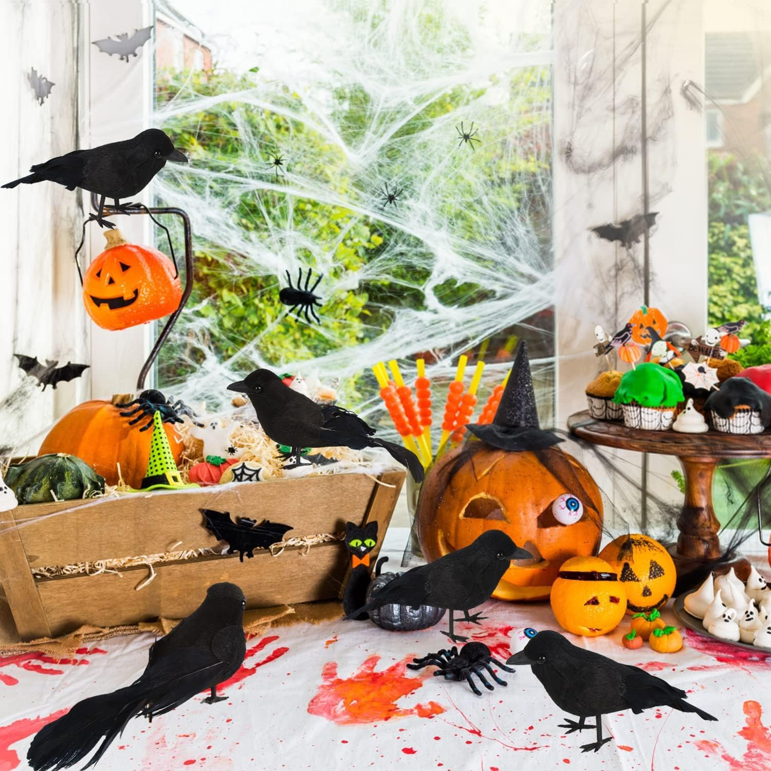 6 Pieces Halloween Black Crows Feathered Crows Realistic Looking Halloween Handmade Feathered Crow for Halloween Indoor Outdoors Ravens Birds Decoration image number 4