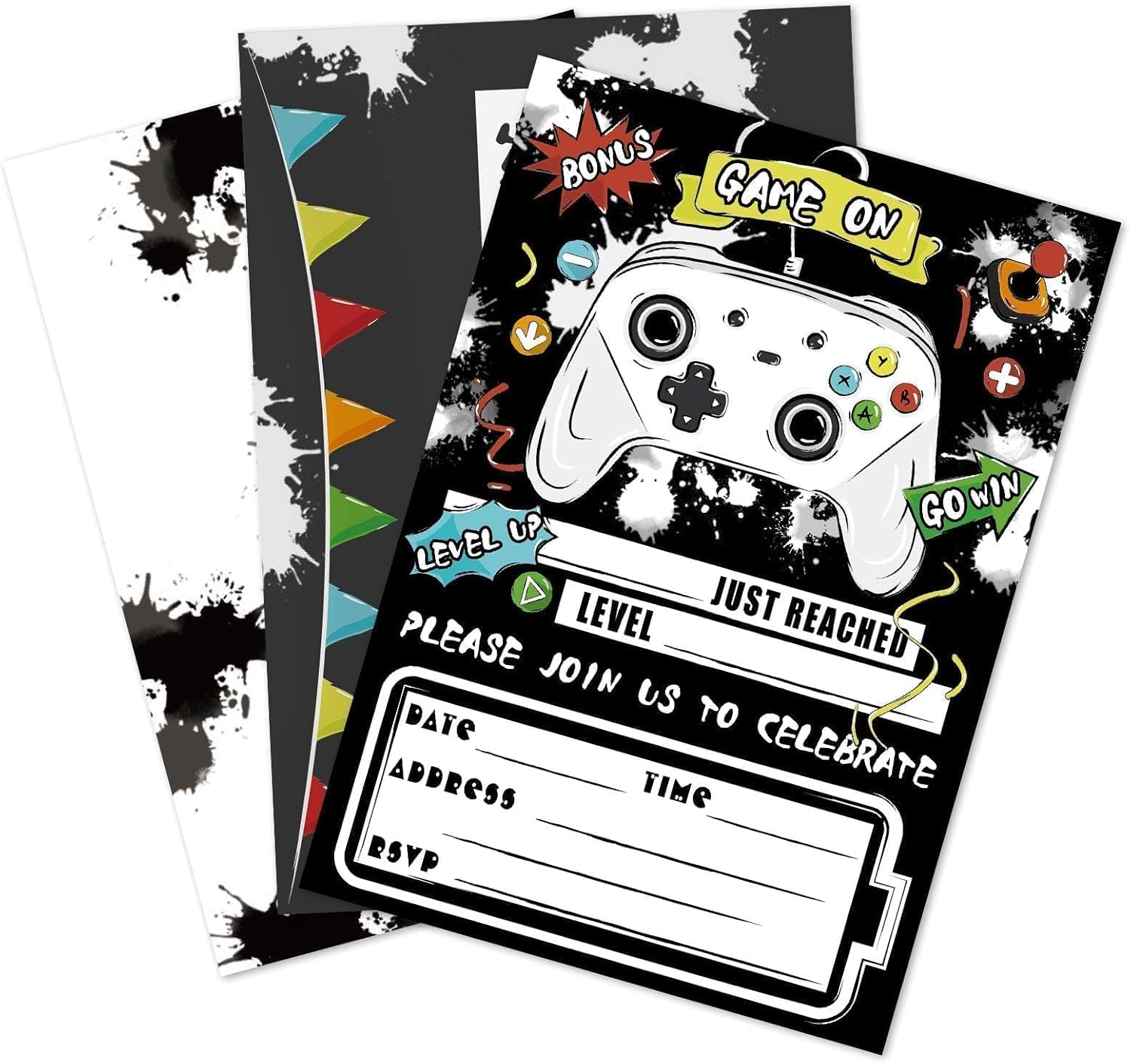 WERNNSAI Watercolor Video Game Party Invites - 20 Set Fill-In Invitations with Envelopes for Boys Game Theme Birthday Party Supplies Double-Sided Printed Invitation Cards image number 5