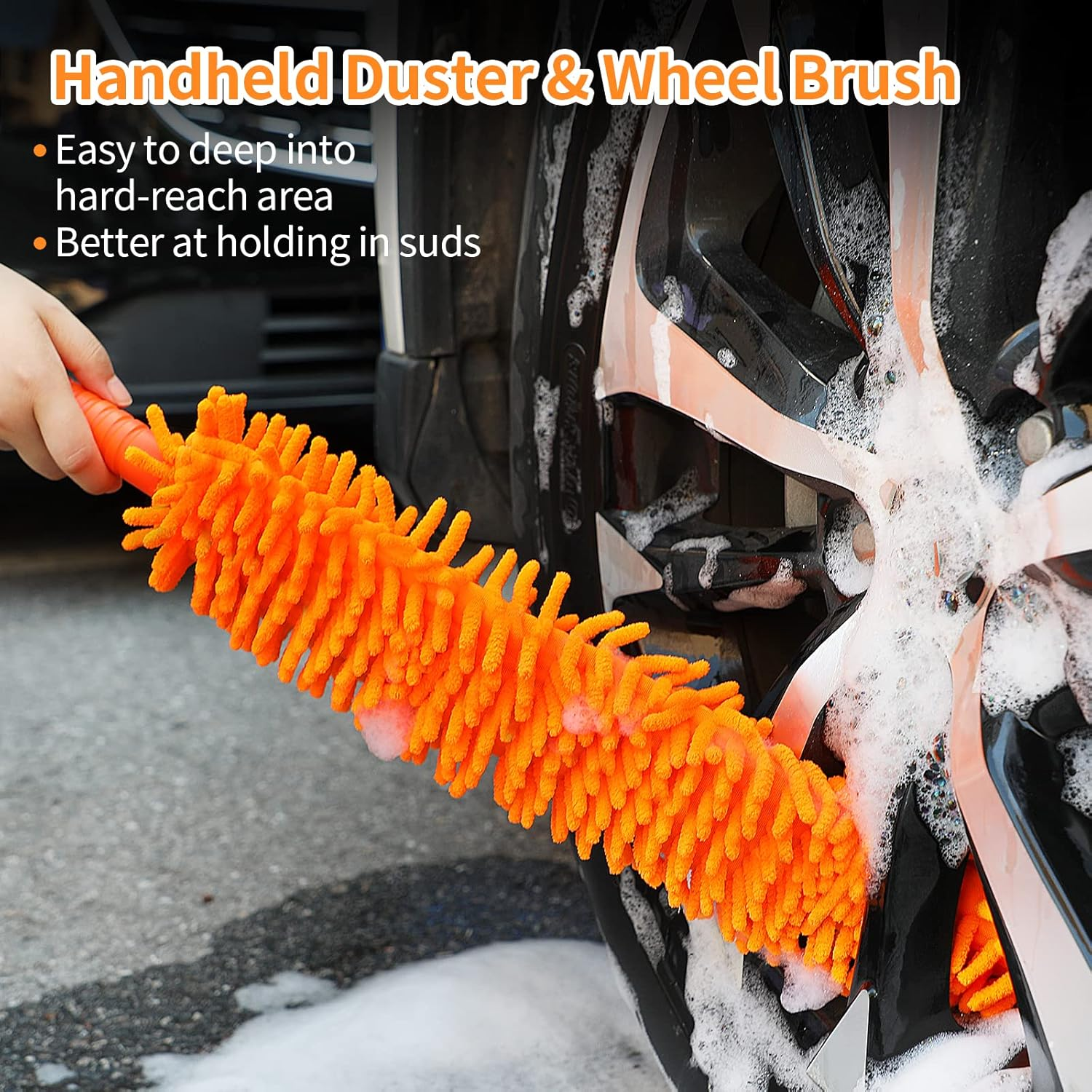 Wontolf 62'' Car Wash Brush with Long Handle Chenille Microfiber Car Wash Mop Car Washing Brush Cleaning Kit Windshield Window Squeegee Car Duster Microfiber Towels for Cars RV Truck Boat 9PCS - Orange image number 6