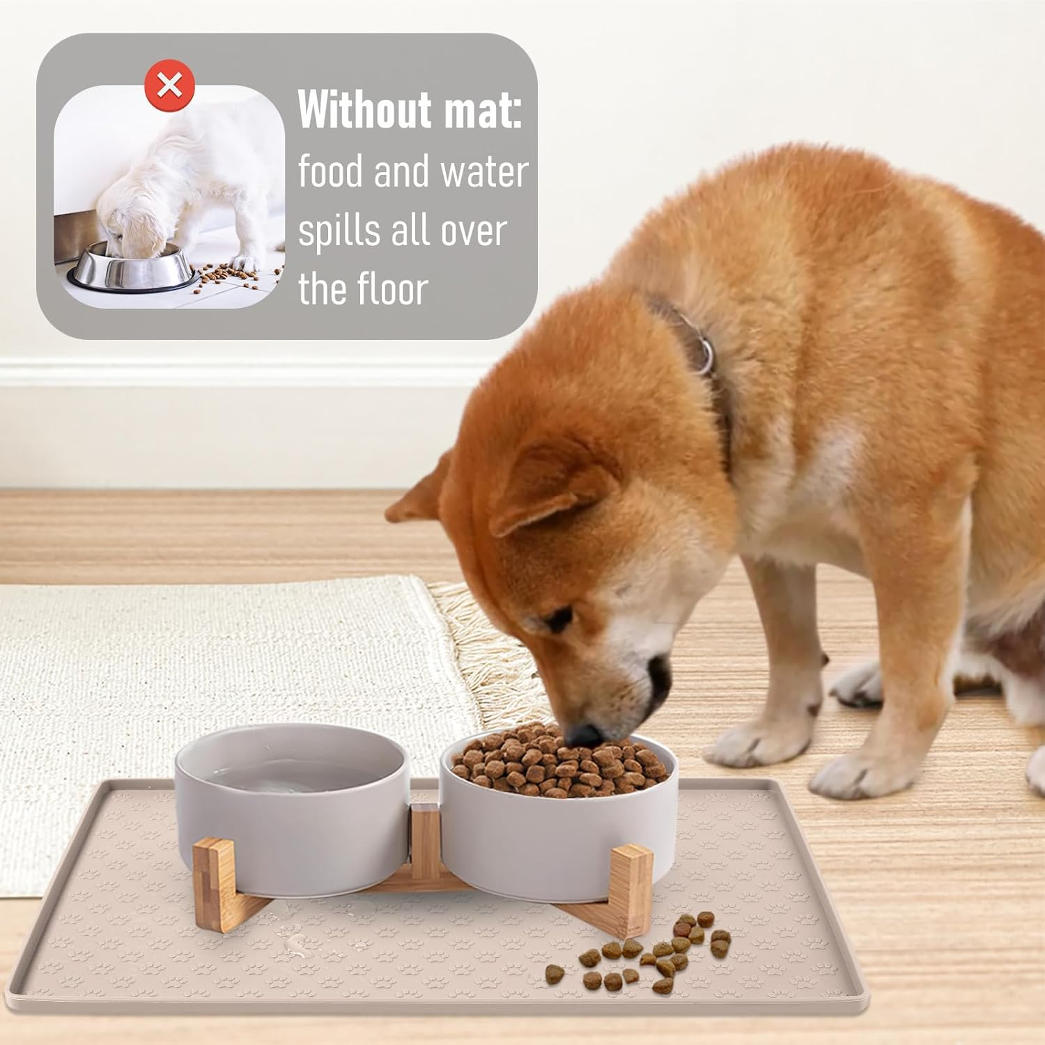 Silicone Dog Cat Food Mat, Waterproof Slip Resistant Raised Edge Pet Feeding Mats, Pet Bowl Mat Anti-Messy and Prevent Spill on Floor, Dishwasher Safe (Beige, L: 24" X 16") - Beige image number 5