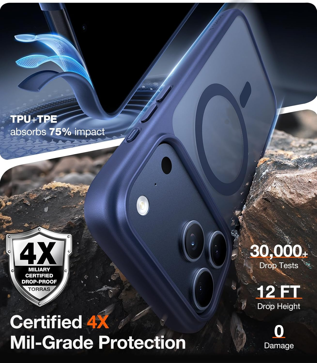 TORRAS Magnetic Shockproof for Iphone 17 Pro Max Case, Compatible with Magsafe, Military-Grade Drop Tested, Translucent Slim Protective 17 Pro Max Case Anti-Fingerprint Anti-Scratch, Deep Blue image number 3