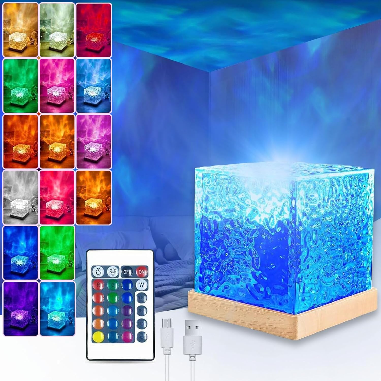 LED Ocean Wave Lamp Projector Light, 16 Colors Gradient Rotating Flame Midnight Aurora Light with Remote Control, 3D Tesseract Crystal, Galaxy Projector Night Light for Bedroom Office Bar (Square) image number 1
