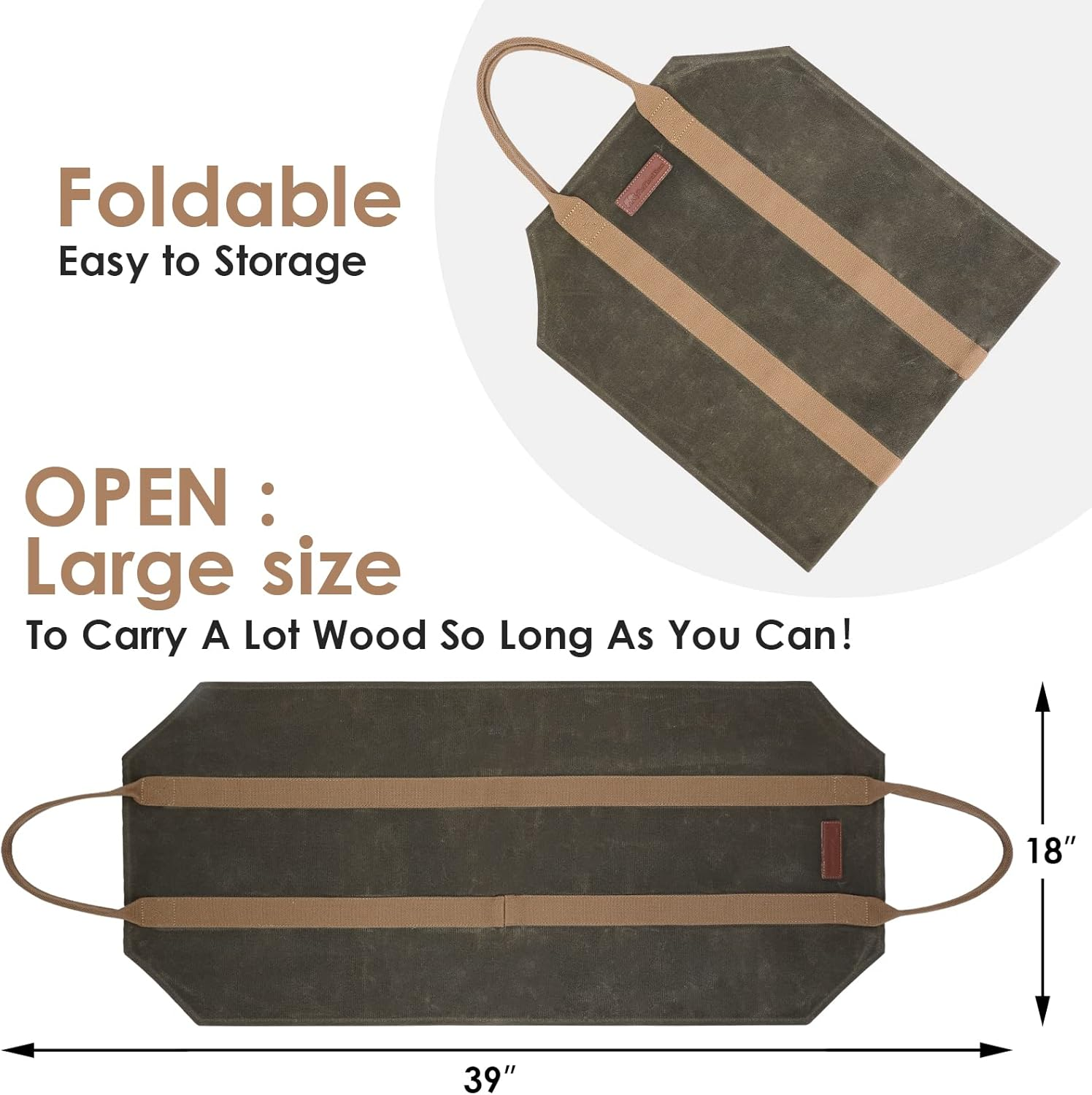 Sturdy Waxed Canvas Firewood Log Carrier, Durable Firepalce Wood Bag with Reinforce Duty Straps Green - Brown image number 2