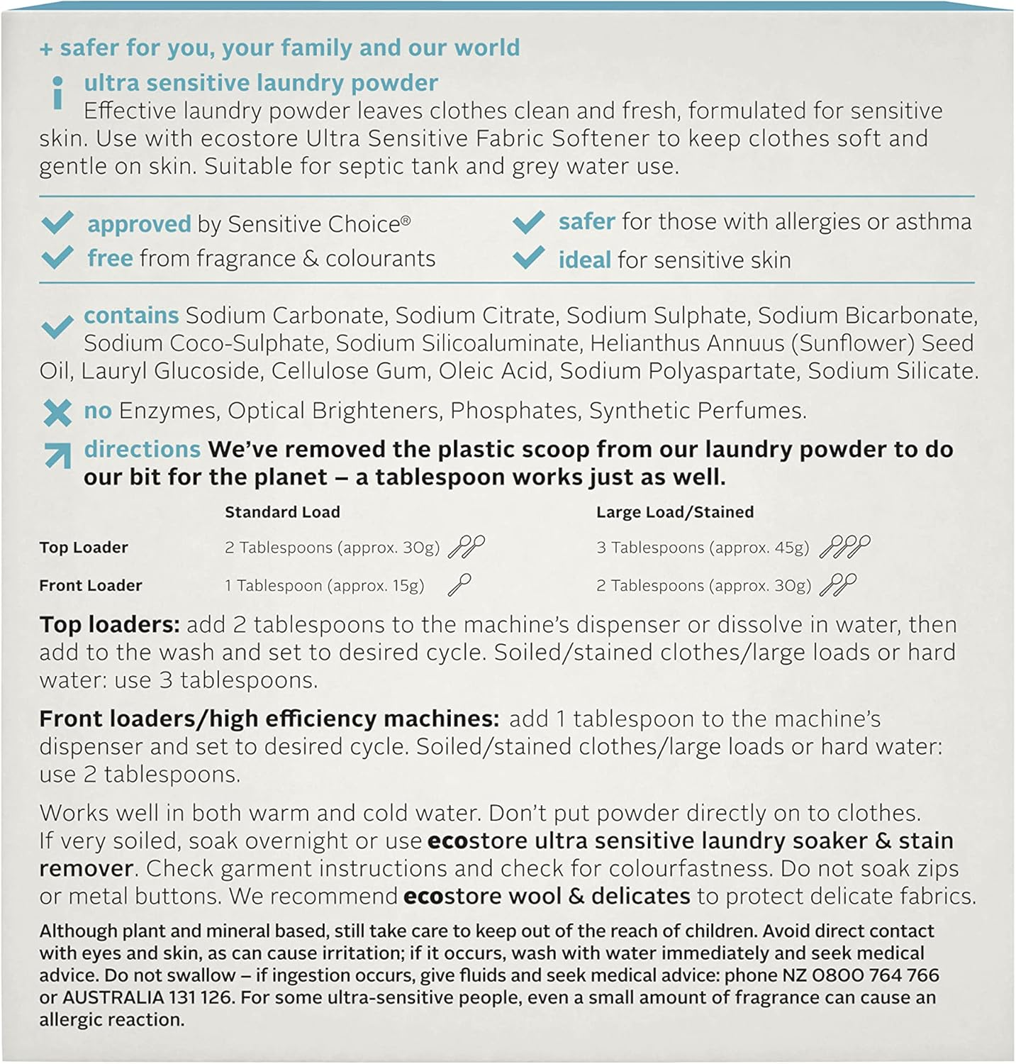 Ecostore Ultra Sensitive Laundry Powder 1Kg &ndash; Fragrance Free, Allergy Friendly, Dermatologically Tested, Powerful Stain Removal, Plant & Mineral Based image number 4