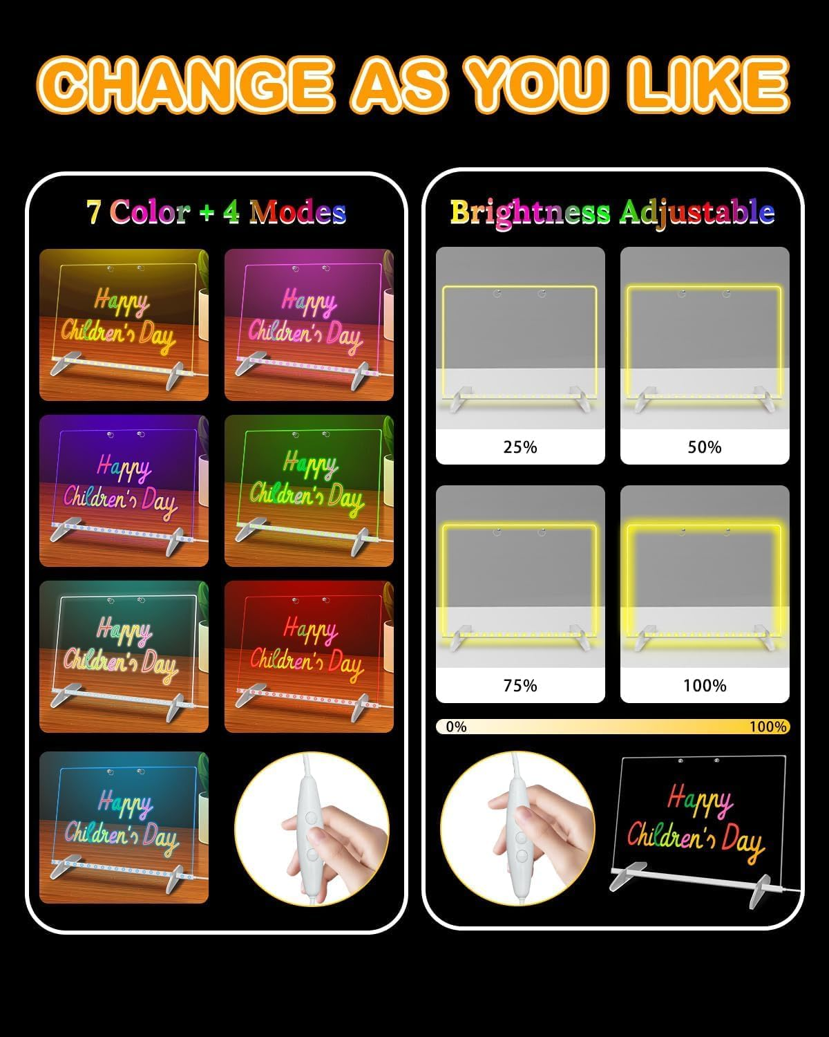 LED Note Board with Colors,30 * 20Cm 4 Modes & 7 Colors Acrylic Dry Erase Board with Light, Include Adapter, Hanging Chain, Led Drawing Board for Kids with Stand image number 2