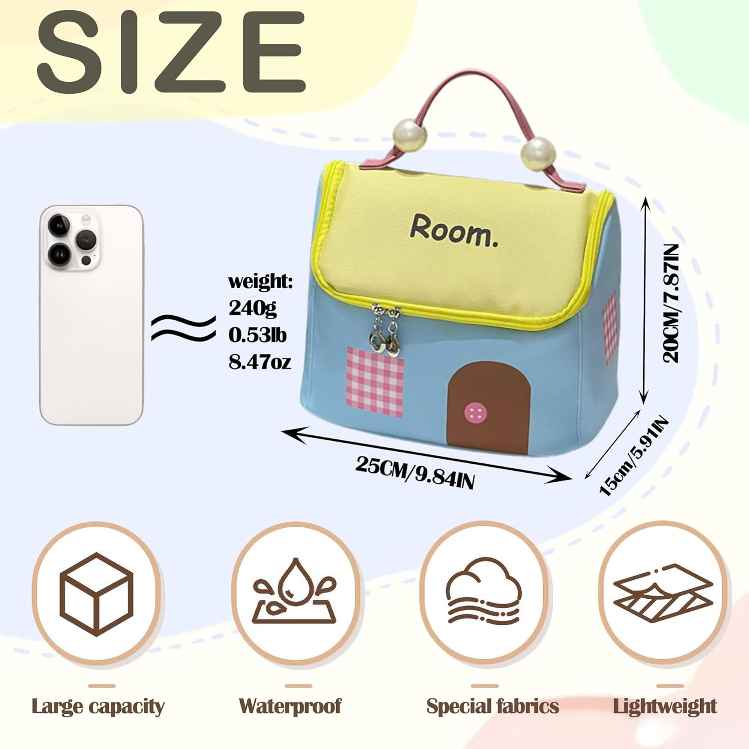 House-Shaped Dopamine Style Cosmetic Bag for Women: Travel Make-Up Bag, Large, Portable Make-Up Bag with Zip, Waterproof Toiletry Bag, Cosmetic Bag, Handbag, Nail Polish and Lipstick Organiser, Sky image number 3
