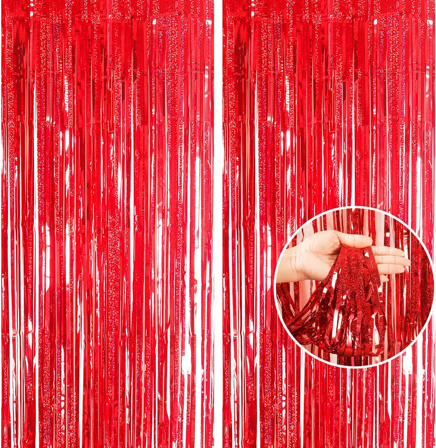2Pcs 3.2 X 8.3Ft Glitter Red Tinsel Foil Fringe Curtain Door Tinsel Curtain Streamers Party Curtain Photo Banner Decorations for Birthday School Graduation Hen Christmas Party Decorations Red image number 3