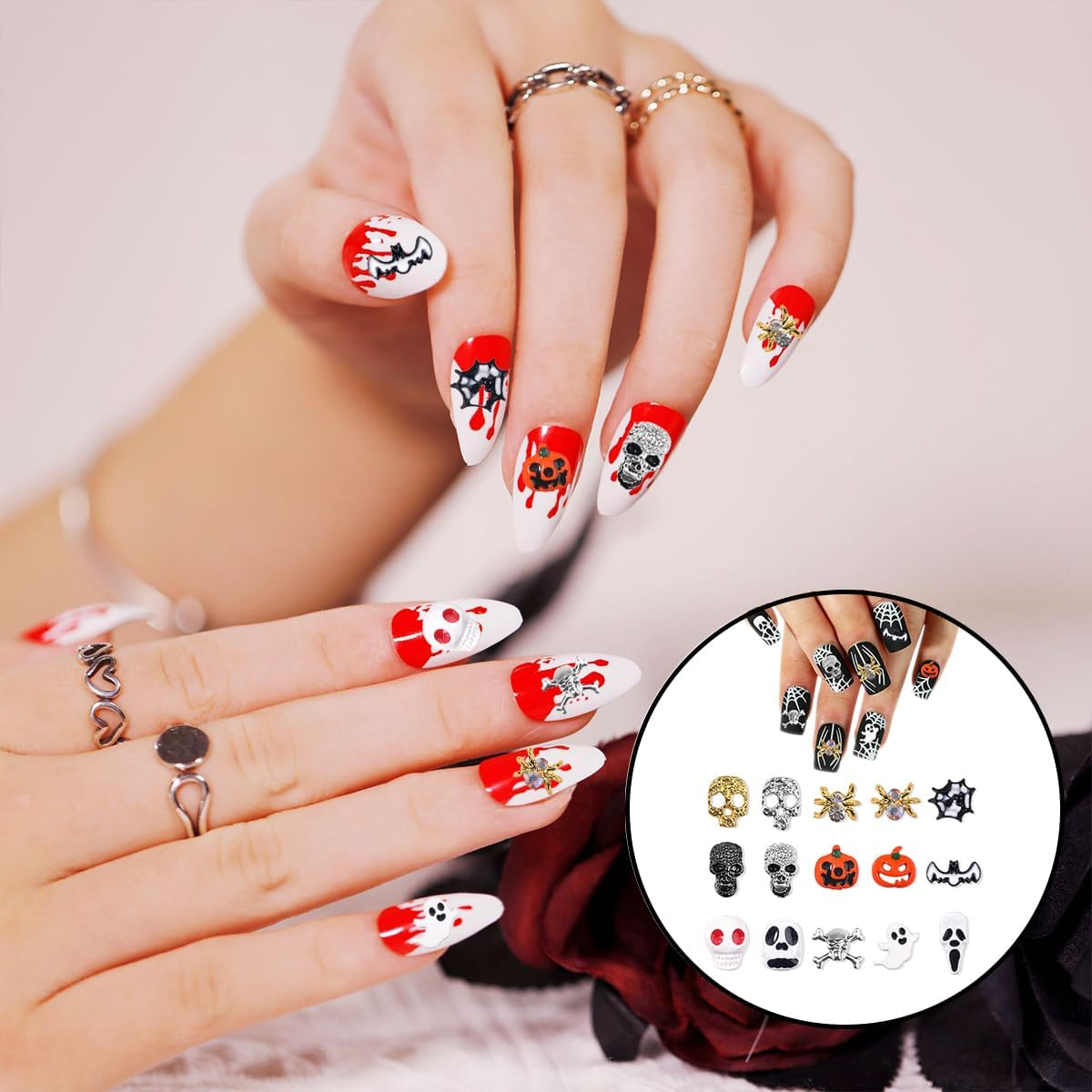 WELANE Halloween Nail Charms, 30 PCS Alloy Skeleton Pumpkin Ghost Spider Nails Decorations for DIY Nail Art, Jewelry Making,Cellphone Decorations (15 Kind) image number 5
